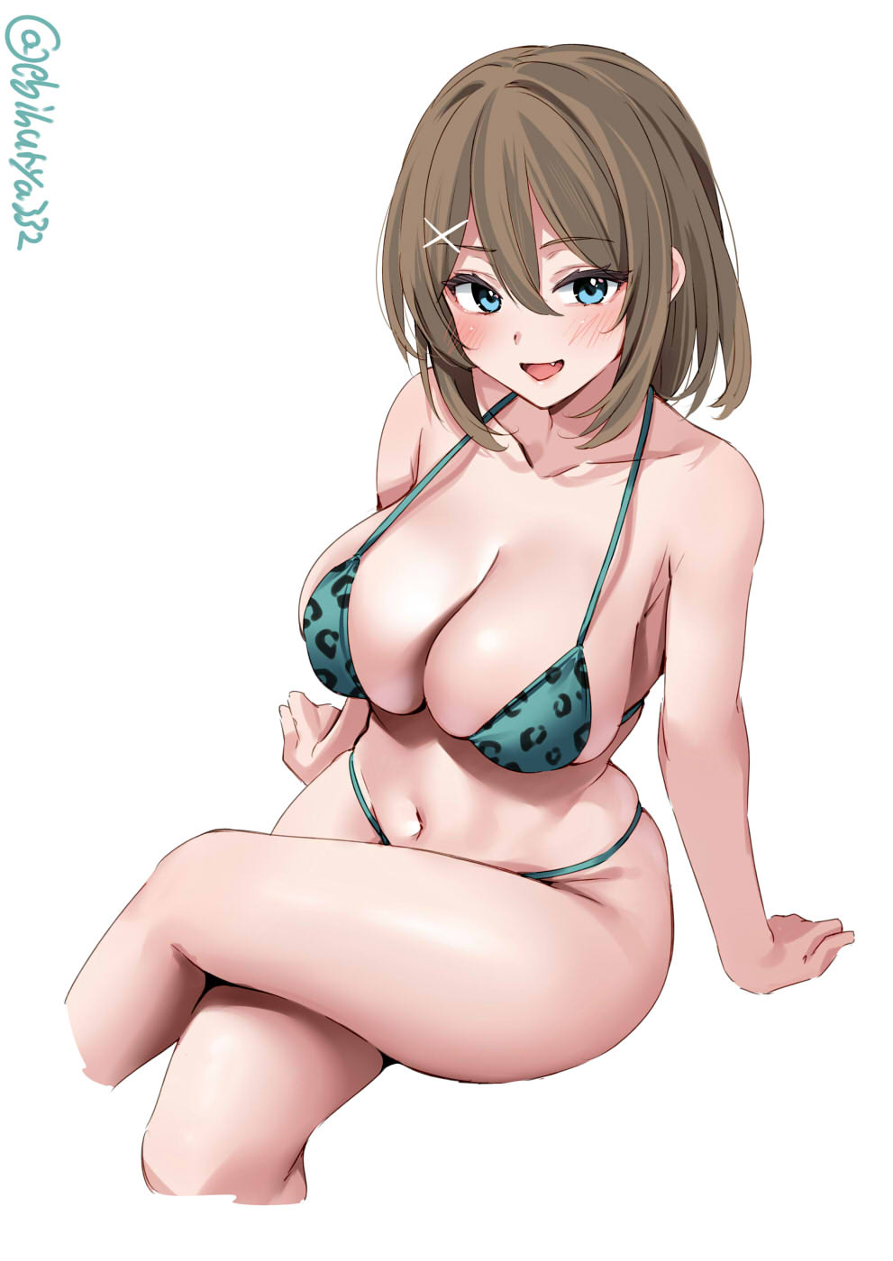 :d arm_support artist_name bikini crossed_legs ebifurya huge_breasts kantai_collection leopard_print maya_(kantai_collection) signature skindentation smile swimsuit thick_thighs twitter_username wide_hips