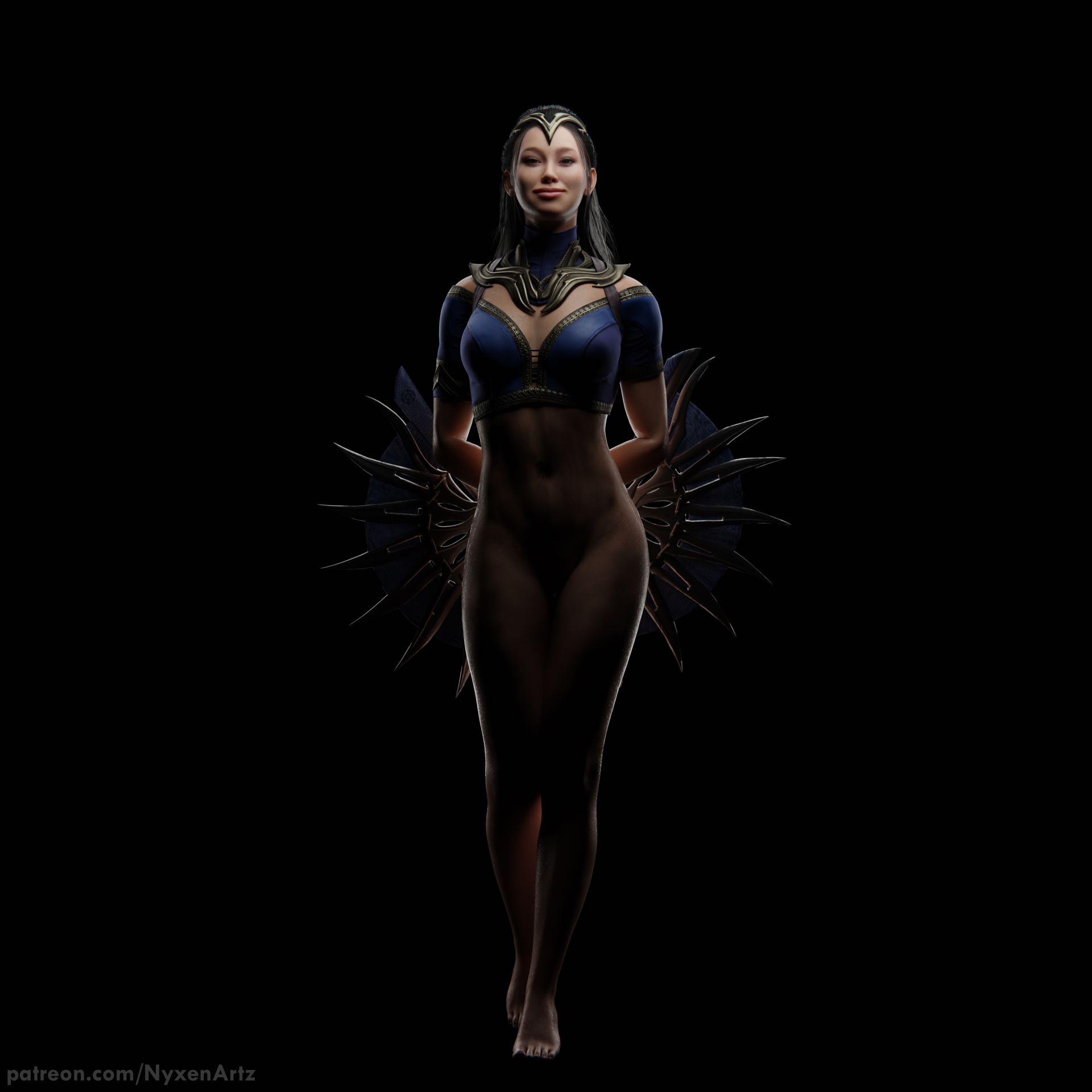3d, female, half naked, half-dressed, kitana, kitana (new era), lighting, looking at viewer, mortal kombat, mortal kombat 1 (2023), nude, nude female, nyxenartz, pose, posing, smile, smiling, smiling at viewer, solo, standing
