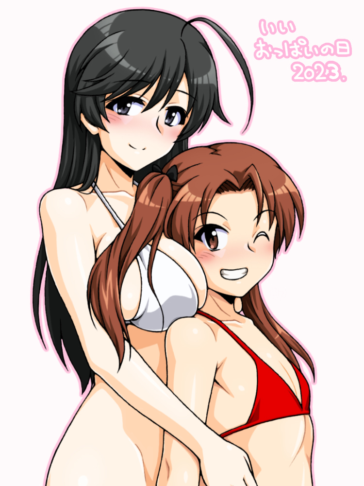 2023 2girls ahoge bikini black_hair blush breasts brown_eyes brown_hair closed_mouth girls_und_panzer grey_eyes grin isuzu_hana kadotani_anzu large_breasts long_hair looking_at_viewer oosaka_kanagawa pink_background red_bikini simple_background small_breasts smile twintails upper_body white_bikini wink