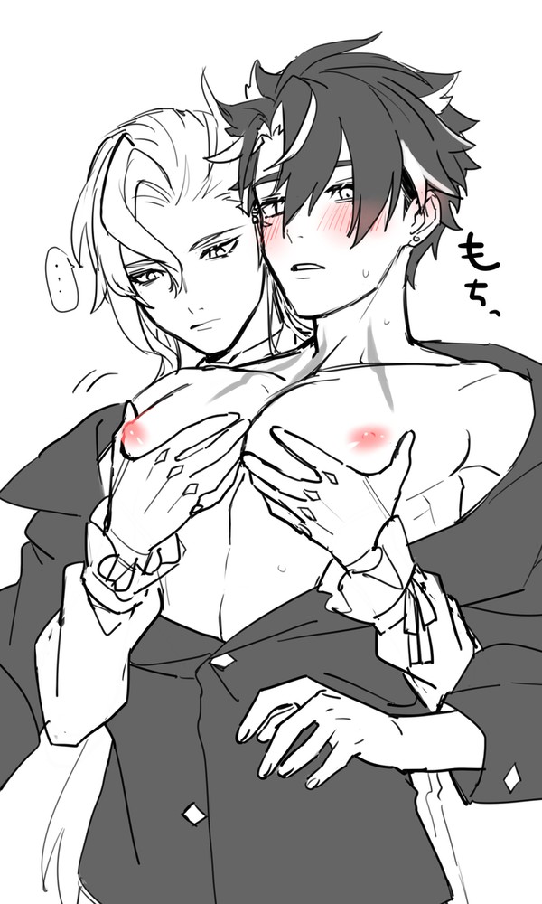 2boys, artist request, blush, gay, genshin impact, male, male focus, male only, neuvillette (genshin impact), pectoral grab, wriothesley (genshin impact), yaoi