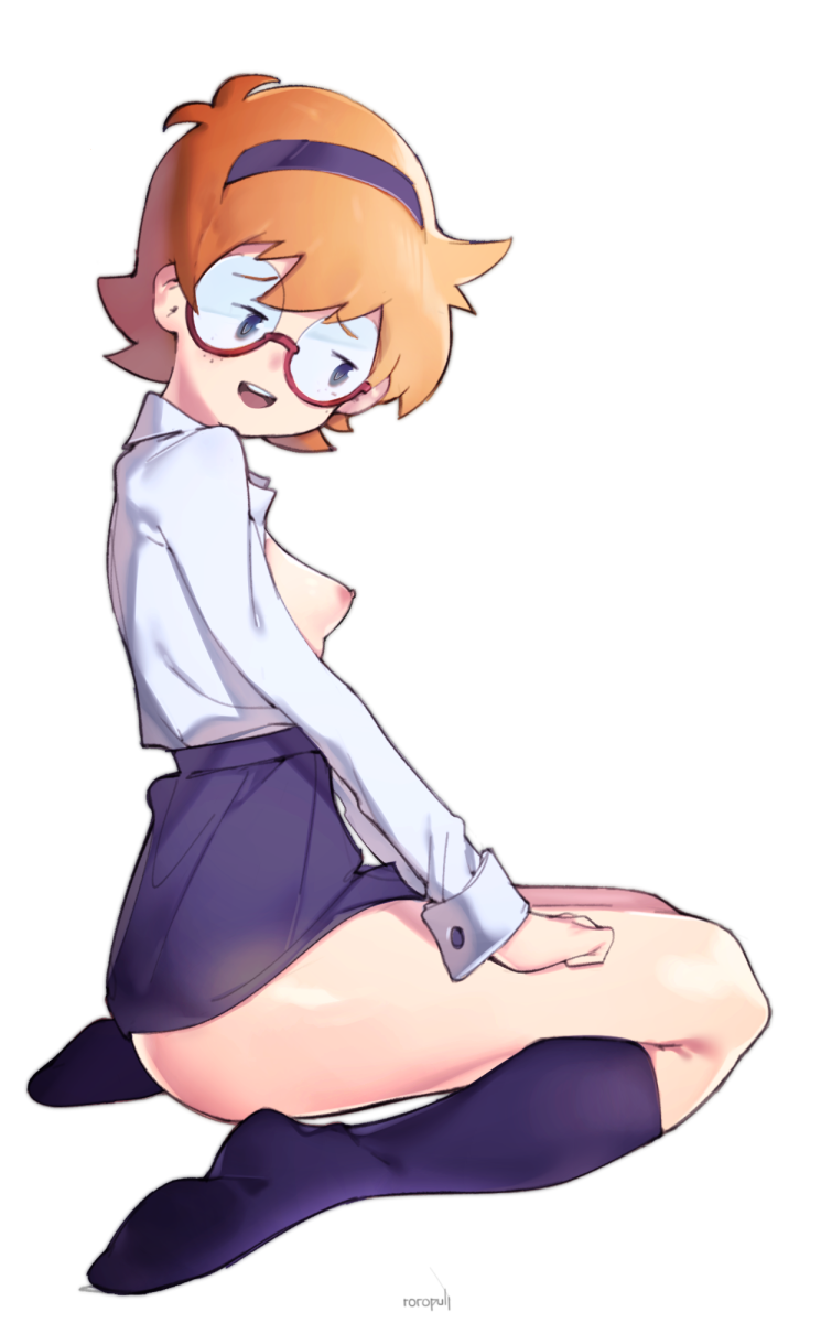 artist_name black_skirt black_socks breasts breasts_out clothes_lift collared_shirt dress_shirt female freckles full_body glasses hairband highres kneehighs little_witch_academia long_sleeves lotte_jansson lotte_yansson miniskirt nipples open_clothes open_mouth open_shirt orange_hair purple_eyes purple_hairband roropull round_eyewear semi-rimless_eyewear shirt short_hair sitting skirt skirt_lift small_breasts socks solo thick_thighs thighs under-rim_eyewear wariza white_background white_shirt