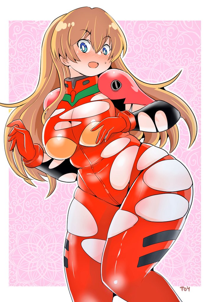 1girls, asuka langley sohryu, blush, bodysuit, breasts, chubby female, cleavage, embarrassed, female, female thick thighs, hair down, human, light skin, light-skinned female, long hair, neon genesis evangelion, orange hair, pilot suit, plugsuit, plump, rebuild of evangelion, skindentation, solo, thick thighs, torn bodysuit, toysikisizuoka, wardrobe malfunction