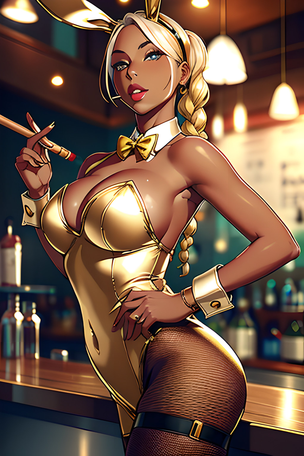 ai_generated ai_hands alcohol_bottles bar black_pantyhose blue_eyes bowtie braided_ponytail bunny_ears bunny_girl bunnygirl bunnysuit counter cuff_links cuffs_(clothing) dark_skin detached_collar drink_mixer earring fastener garter_band gold_bunny_(floppyudon95) gold_bunnysuit gold_leotard holding_pipe inquisitive mature mature_female open_mouth original playboy_bunny raised_eyebrows red_lipstick shirt_collar smoking_pipe standing strapless_leotard teeth teeth_showing teeth_visible yellow_bowtie