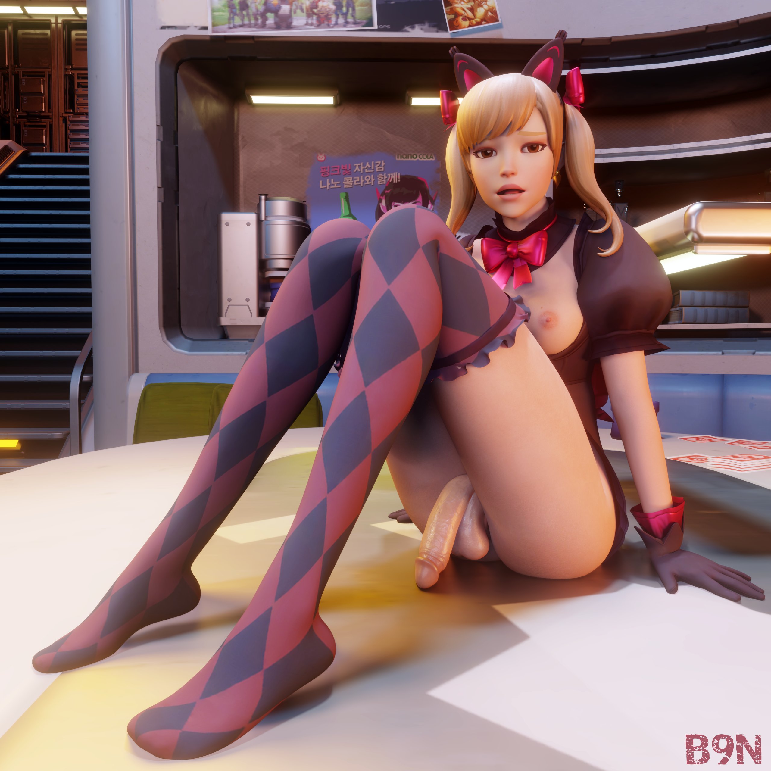 3d, b9n, black cat d.va, cock, d.va, dickgirl, futa only, futanari, hana song, intersex, overwatch, overwatch 2, penis, solo futa