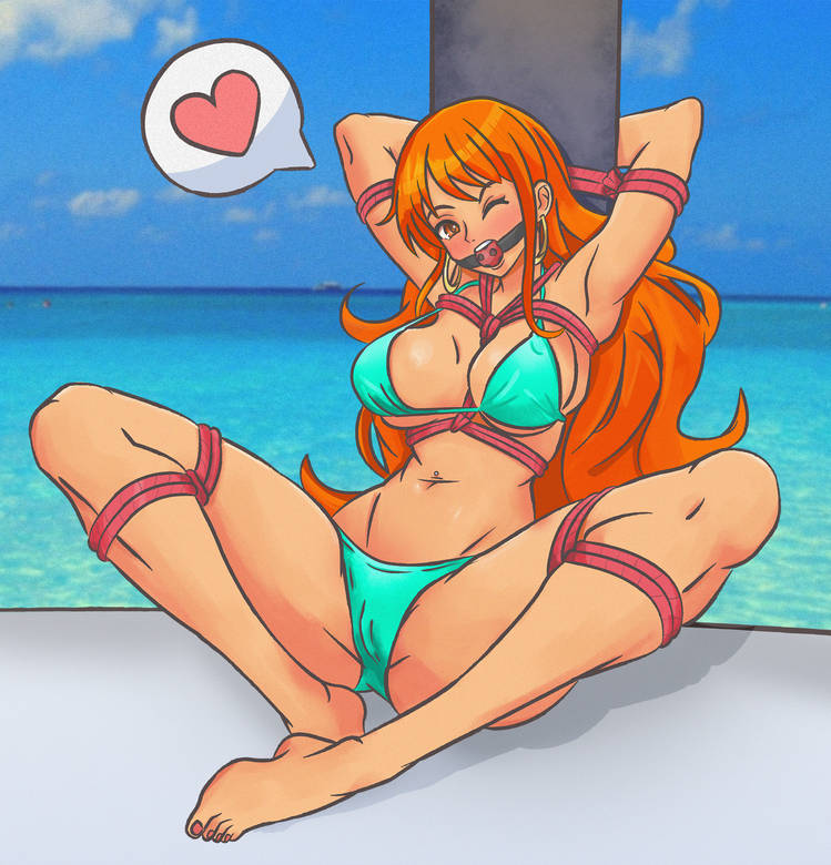 1girls, artist request, ball gag, beach, belly piercing, big breasts, bikini, blush, bondage, breasts, brown eyes, earrings, feet, female, female only, gag, nami (one piece), ocean, one piece, orange hair, orange-haired female, post-timeskip, red toenails, rope bondage, solo, toenail polish, wink