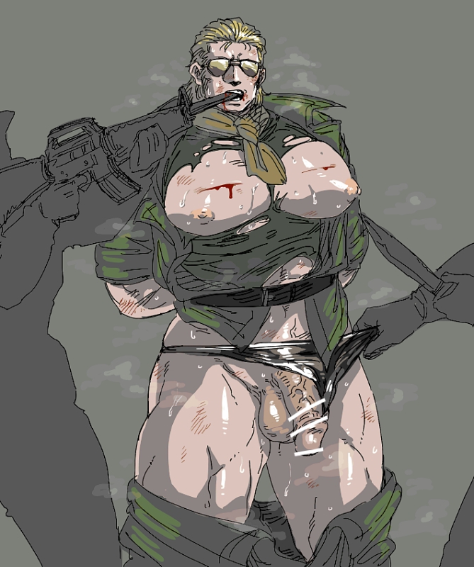 3chi bara big_breasts big_pecs big_penis blonde_hair blonde_hair_male blonde_male blood breasts flaccid flaccid_penis glasses gun imminent_rape imminent_sex kazuhira_miller knife male male_only male_with_breasts metal_gear_(series) msiacnhi muscular muscular_arms muscular_legs muscular_male muscular_thighs pants_down pecs sweat sweating sweaty sweaty_breasts sweaty_legs torn_clothes weapon