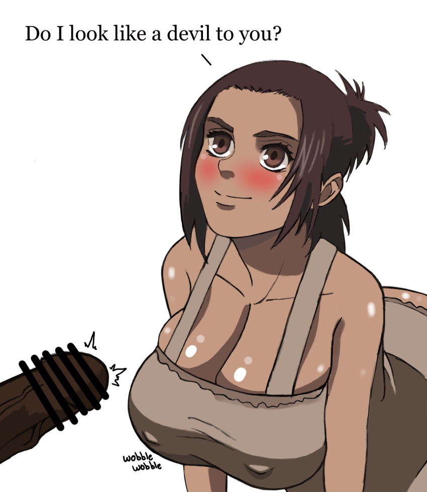 alternate breast size, attack on titan, black penis, blush, breasts, cleavage, erect nipples, erection, female, gabi braun, huge breasts, male, nipples, penis, shingeki no kyojin