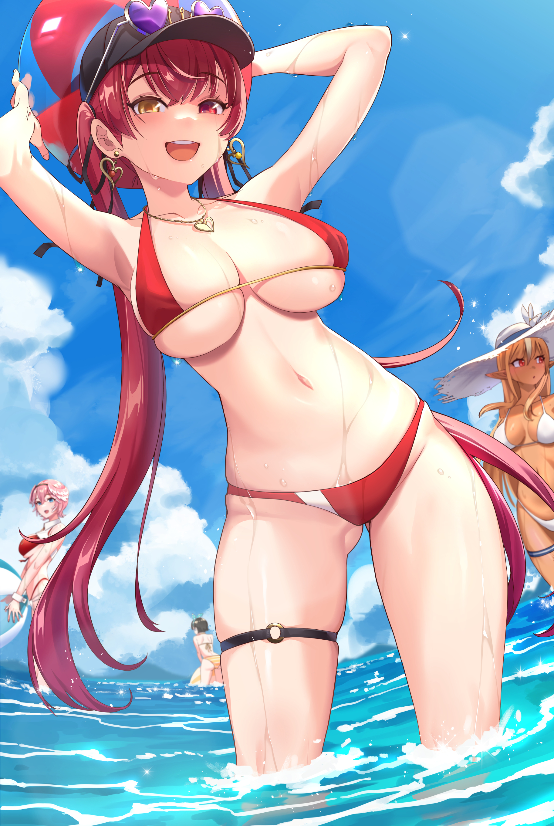 :d, 4girls, beach, beach ball, bikini, breasts, excited, female, floatie, happy, hololive, hololive fantasy, hololive gen 2, hololive japan, holox, houshou marine, large breasts, necklace, ocean, oozora subaru, partially submerged, shiranui flare, skindentation, summer, swimsuit, takane lui, thigh strap, virtual youtuber, wet body, wet skin