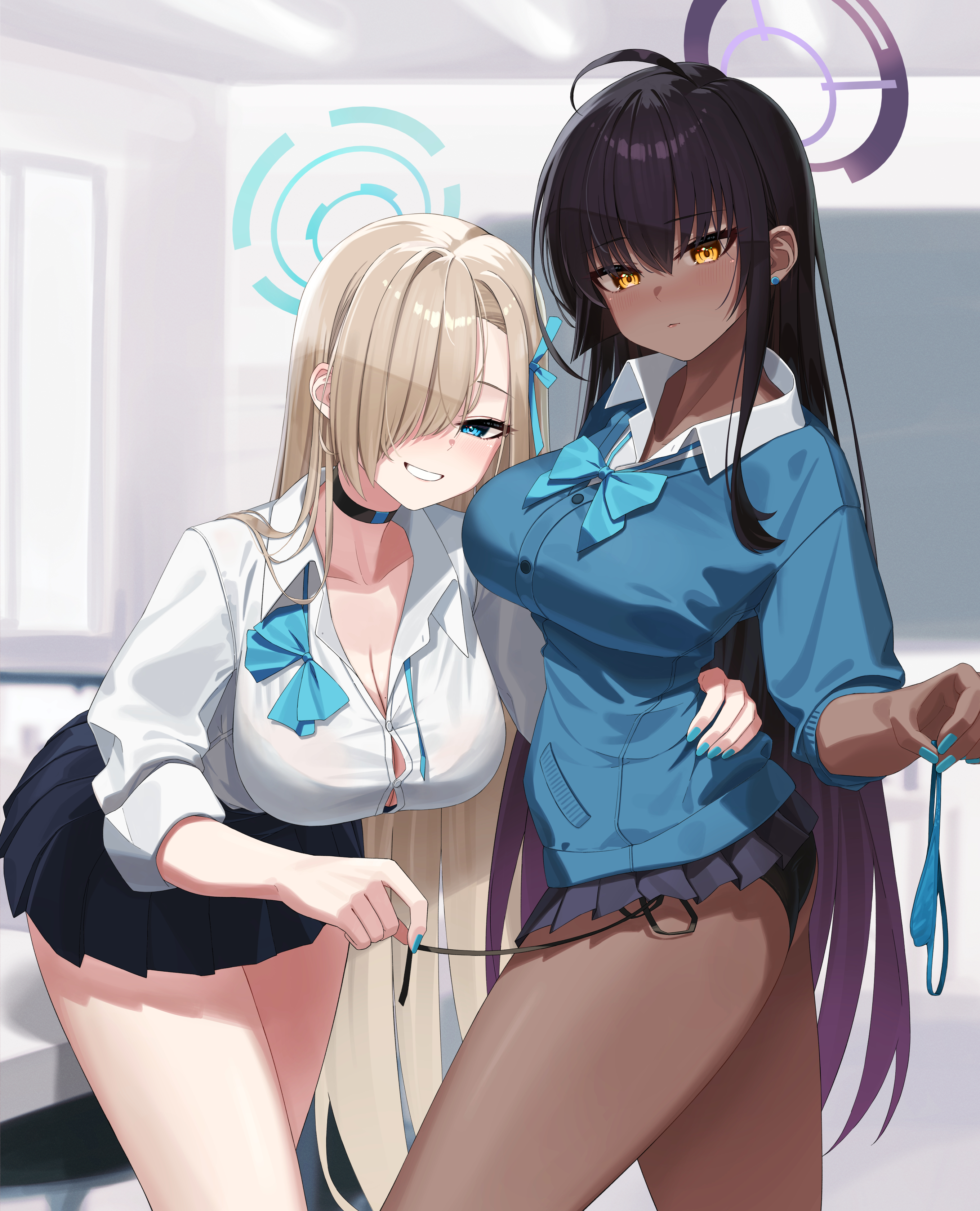 2girls, absurdres, ahoge, asuna (blue archive), black choker, black hair, black skirt, blonde hair, blue archive, blue bow, blue bowtie, blue cardigan, blue eyes, blue halo, blue nails, blush, bow, bowtie, breasts, buttons, cardigan, choker, cleaning & clearing (blue archive), cleavage, closed mouth, collared shirt, dark skin, dark-skinned female, female, fingernails, grin, hair between eyes, hair over one eye, halo, hear (kpmf4732), highres, holding, holding another's panties, holding clothes, holding panties, indoors, karin (blue archive), large breasts, light brown hair, long hair, long sleeves, millennium science school student, mole, mole on breast, multiple females, multiple girls, nail polish, painted nails, panties, panties removed, pleated skirt, purple halo, shirt, side-tie panties, skirt, smile, untied panties, untying panties, white shirt, yellow eyes