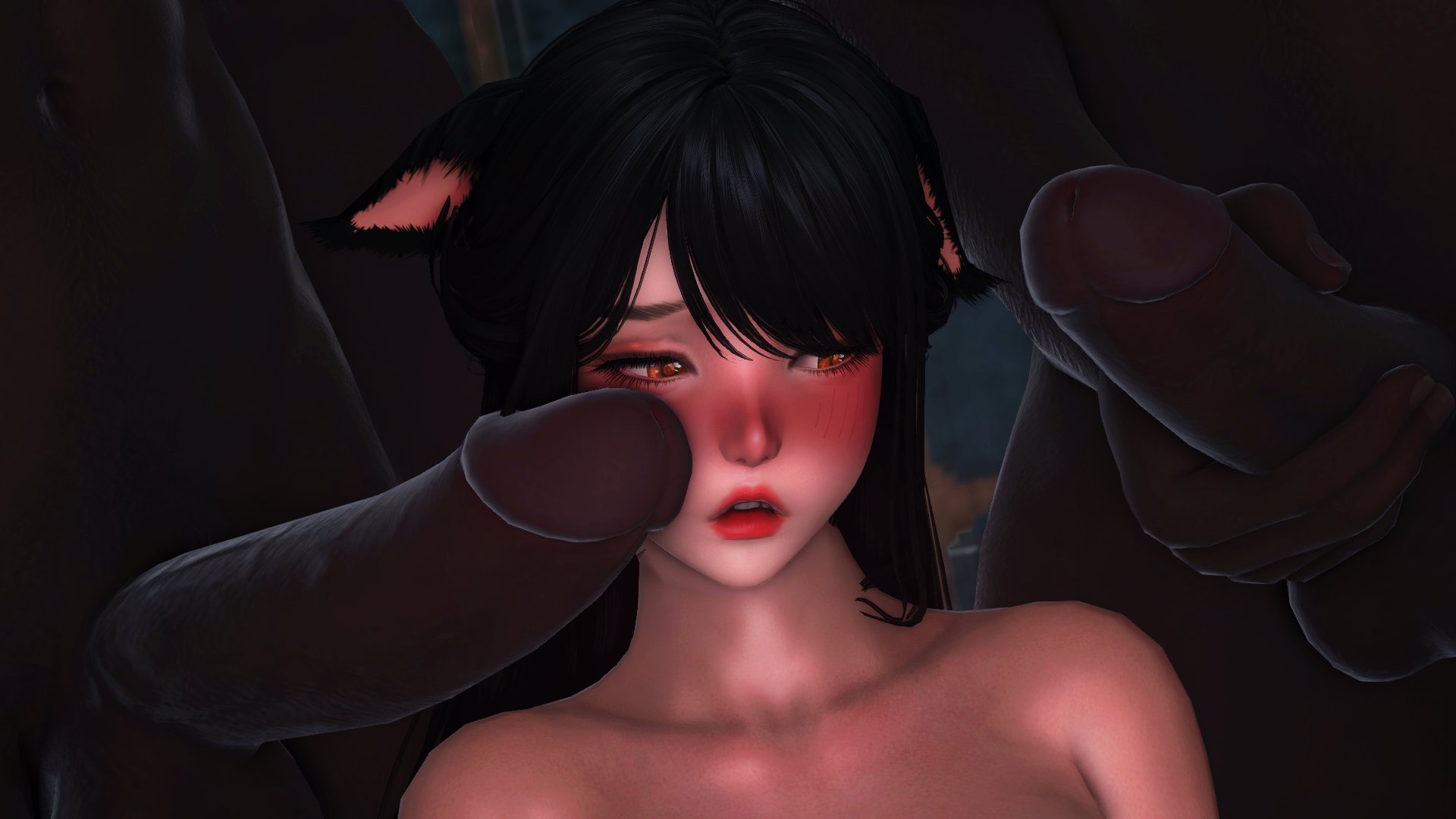 3d, cock, dark skin, dark-skinned male, female, final fantasy, final fantasy xiv, interracial, kawaii awww, male, penis, resisting, tagme