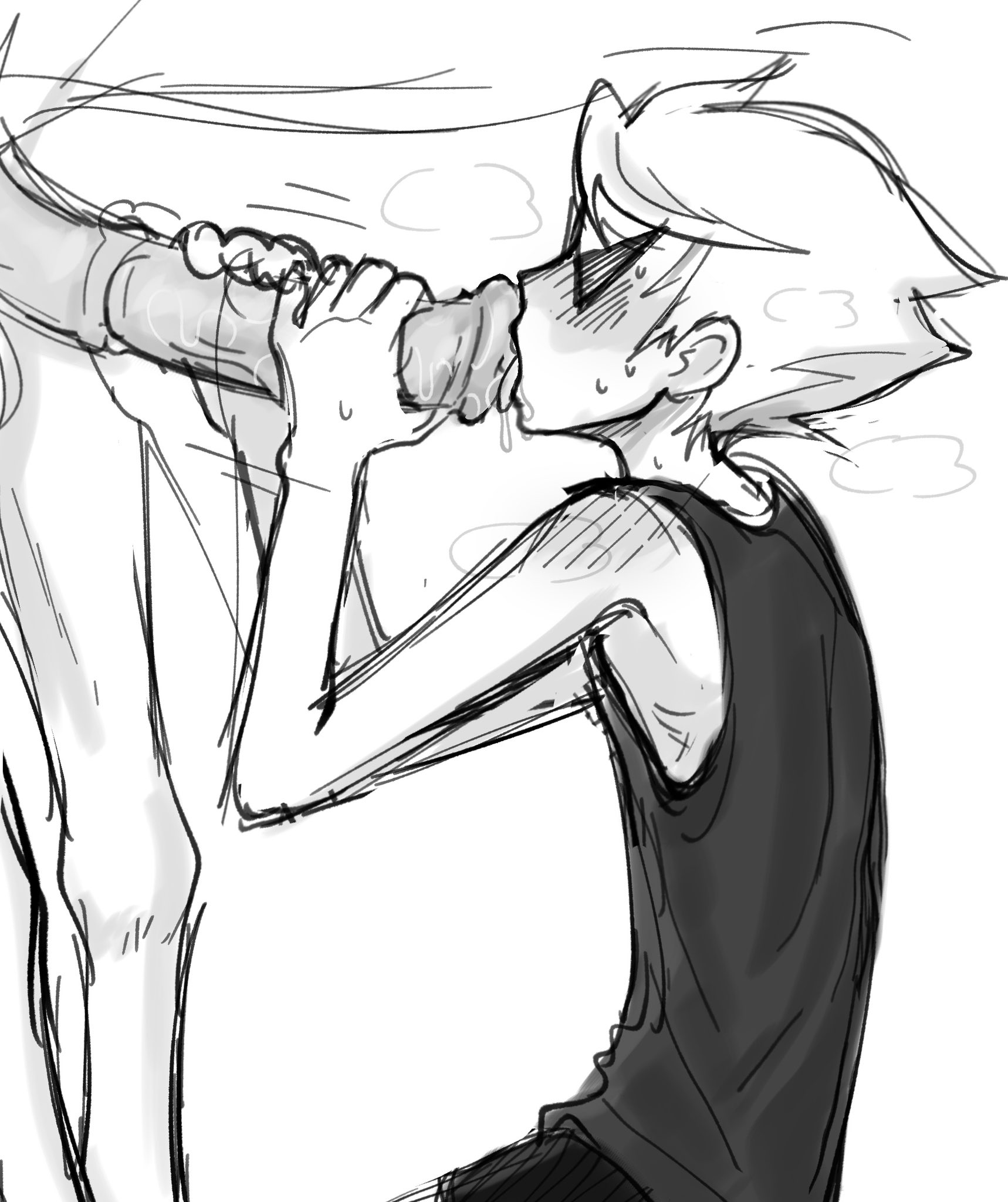 1animal, 1boy, animal genitalia, animal penis, black and white, blush, blush lines, dirk strider, f2a400, fapping, gay, glasses, homestuck, horse, horse penis, horsecock, licking penis, male, male only, ms paint adventures, no color, penis, zoophilia