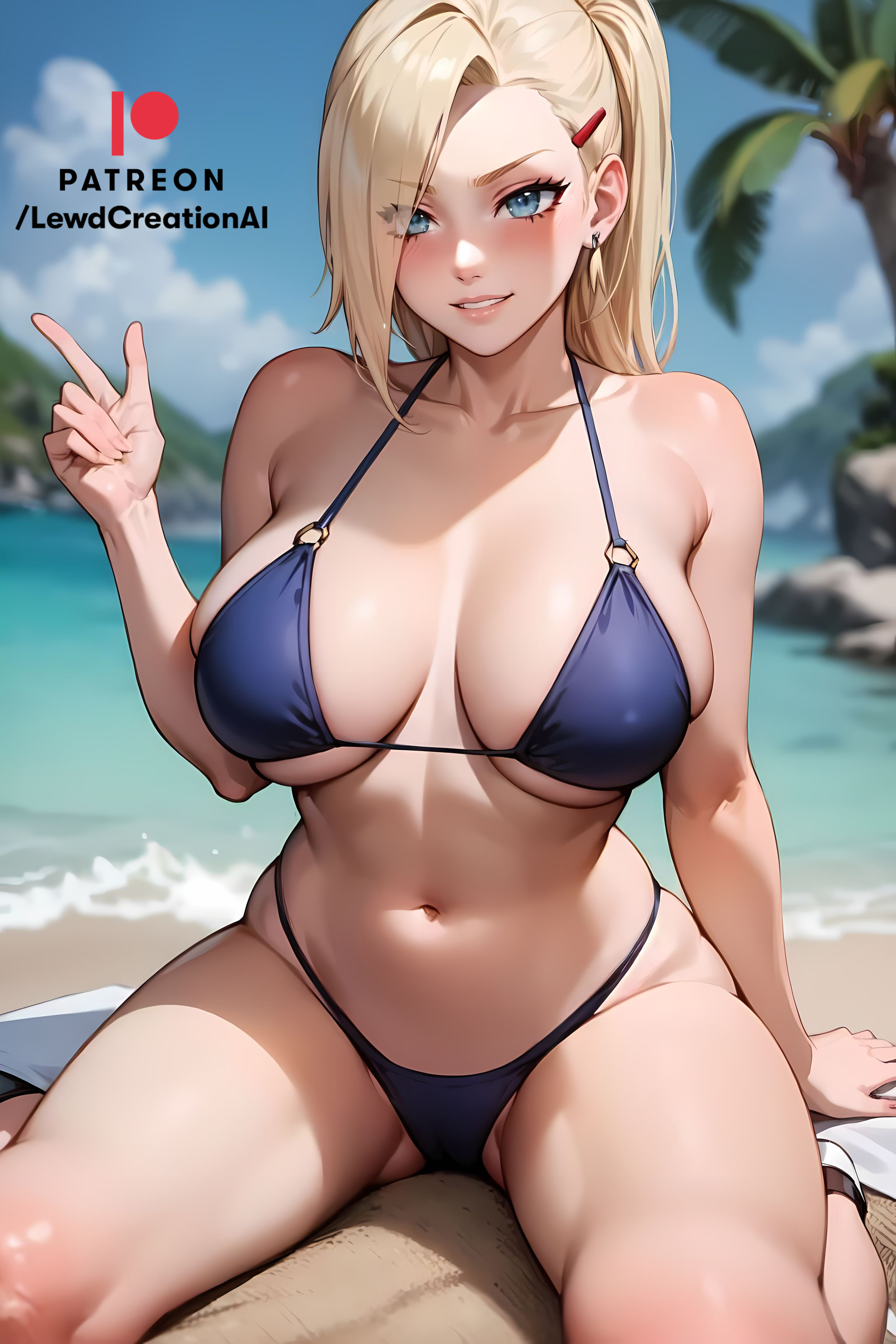 1girls, ai generated, ass, beach, bikini, blonde female, blonde hair, blonde-haired female, blue eyes, blush, blush lines, blushing at viewer, boruto: naruto next generations, breasts, cameltoe, cleavage, cleavage overflow, curvy, curvy body, curvy female, curvy figure, earrings, eyelashes, female, hair over one eye, hairclip, ino yamanaka, kneeling, lewdcreationsai, micro bikini, naruto, naruto (classic), naruto (series), naruto shippuden, naruto: the last, navel, nipples visible through clothing, outdoors, pussy, smile, smiling, smiling at viewer, smirk, smirking, smirking at viewer, solo, solo focus, thick, thick ass, thick legs, thick thighs, thighs, underboob