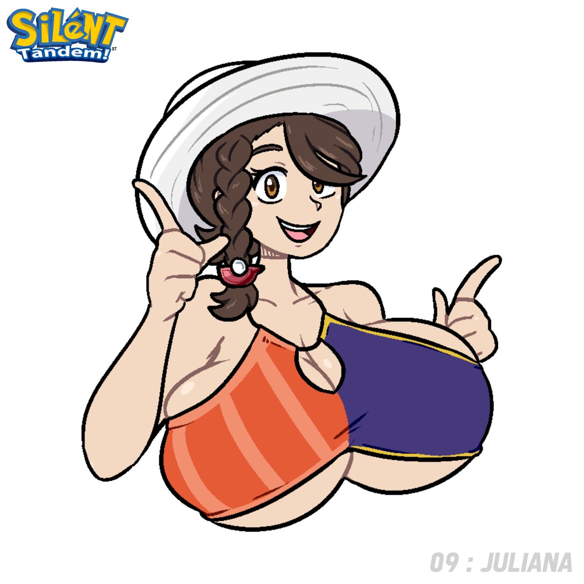 1girls, alternate breast size, big breasts, bikini top, boob window, breasts, brown eyes, brown hair, female, female only, hat, huge breasts, juliana (pokemon), large breasts, pokemon, pokemon sv, sideboob, silenttandem, underboob