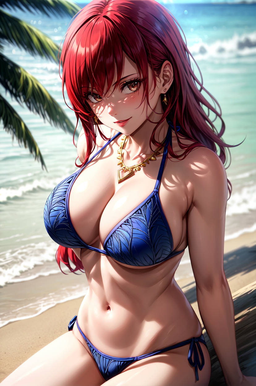 1girls, ai generated, beach, big breasts, bikini, bikini bottom, bikini top, blue bikini, blue bikini bottom, blue bikini top, blue panties, breasts, brown eyes, busty, cleavage, ear piercing, earrings, erza scarlet, fairy tail, female, female focus, female only, jewelry, kneeling, large breasts, light skin, light-skinned female, lips, lipstick, long hair, looking at viewer, makeup, nai diffusion, necklace, ocean, on knees, pale skin, pale-skinned female, pinup, pose, posing, red hair, red lips, red lipstick, sideboob, solo, solo female, solo focus, stable diffusion, swimsuit, toned, toned female, toongenai, underboob, voluptuous, voluptuous female, wide hips