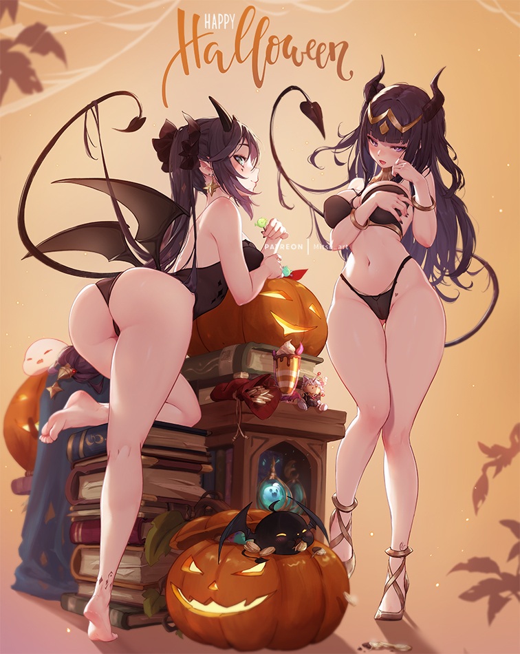 2girls ass barefoot bat_(animal) bikini black_bikini black_bodysuit black_hair blunt_bangs bodysuit boo_tao_(genshin_impact) breasts bridal_gauntlets cosplay costume_switch covered_navel feet female female_only fire_emblem fire_emblem_awakening genshin_impact ghost green_eyes halloween halloween_costume hat jewelry large_ass large_breasts leg_up leotard long_hair looking_at_viewer marking_below_eyes medium_breasts mitsu_(mitsu_art) mitsu_art mona_(genshin_impact) multiple_girls nintendo pumpkin purple_eyes smile soles succubus swimsuit tharja_(fire_emblem) toes twintails two_side_up very_long_hair witch