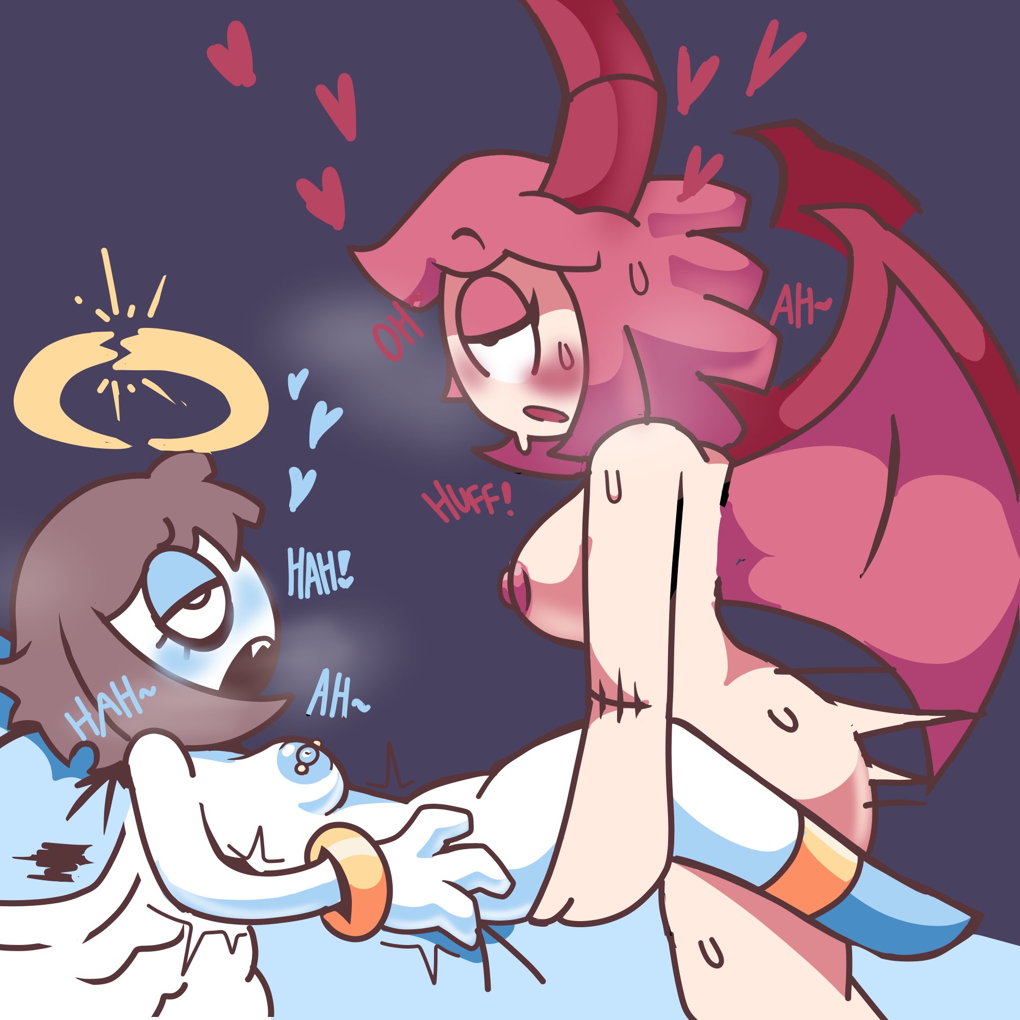 1futa, 1girls, 2023, 2d, 2d (artwork), 2d artwork, angel, angel wings, big breasts, blush, breasts, brown hair, demon, demon girl, demon wings, doll, duo, female, futa on female, futanari, glitch productions, gooseworx, halo, holding legs, horns, humanoid, implied futa, intersex, medium breasts, moan, moaning, moaning in pleasure, nipples, nude, on back, penetration, penis, pierced nipples, pleasure, pleasure face, pleasured, pomni, pomni (the amazing digital circus), ragatha, ragatha (the amazing digital circus), red hair, rolling eyes, sex, short hair, small breasts, the amazing digital circus, tomfooleryarts, white body