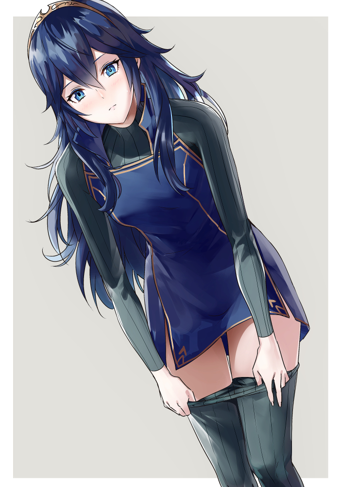 1girls, ameno (a meno0), black pants, black sweater, blue eyes, blue hair, blush, border, breasts, closed mouth, female, female only, fire emblem, fire emblem awakening, grey background, hair between eyes, long hair, long sleeves, looking at viewer, lucina (fire emblem), nintendo, outside border, pants, removing pants, ribbed sweater, simple background, small breasts, solo, sweater, symbol-shaped pupils, thighs, tiara, turtleneck, turtleneck sweater, undressing, white border
