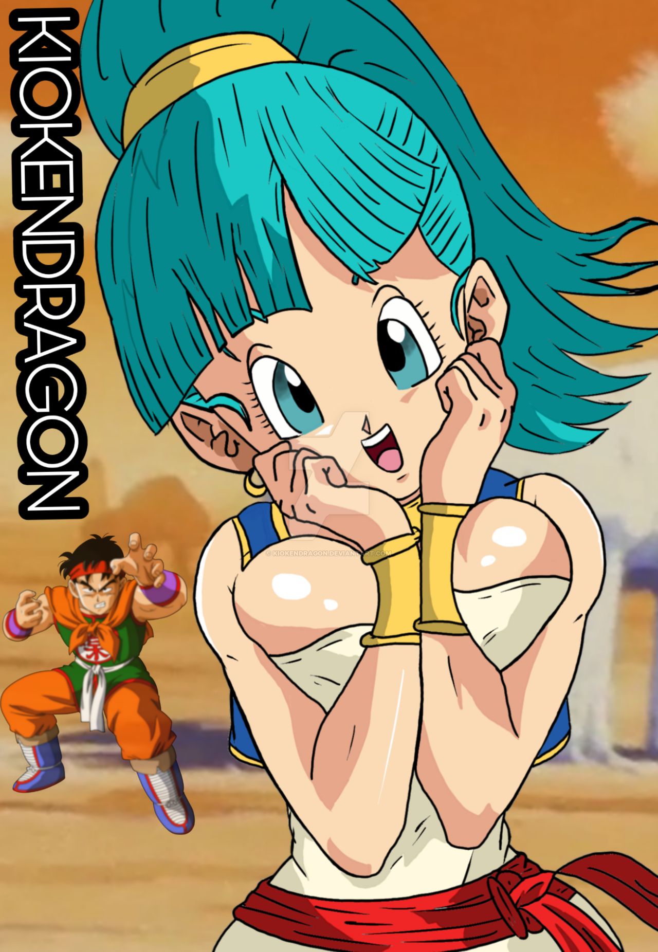 1boy 1boy1girl 1girls artist_name battle_stance big_breasts black_eyes black_hair blue_eyes blue_hair breasts bulma_(dragon_ball) bulma_briefs clothed clothed_female clothed_female_clothed_male clothed_male clothed_male_clothed_female clothing curvaceous curves curvy curvy_body curvy_figure curvy_hips desert dragon_ball dragon_ball_(classic) fighting_pose fighting_stance gold_bracelet gold_bracelets kiokendragon looking_at_another looking_at_partner looking_at_viewer martial_artist martial_arts martial_arts_uniform muscles muscular_male old_art ponytail red_belt shiny_breasts shiny_skin short_hair smile smiling smiling_at_another smiling_at_viewer spiky_hair watermark yamcha