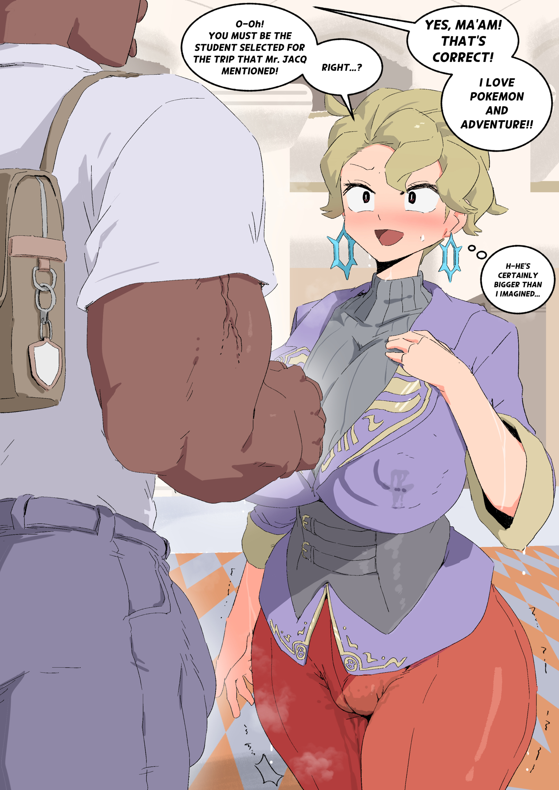 1boy, 1girls, blonde hair, breasts, briar (pokemon), bulge, cameltoe, dark skin, dark-skinned male, dialogue, english text, erection under clothes, eyeless male, female, florian (pokemon), height difference, hips, huge breasts, huge cock, imminent sex, lactation, lactation through clothes, large areolae, large breasts, male, nintendo, penis, pokemon, pokemon sv, pussy, pussy juice stain, short hair, text, thick thighs, thighs, wet, wet pussy, wide hips, woohyoot