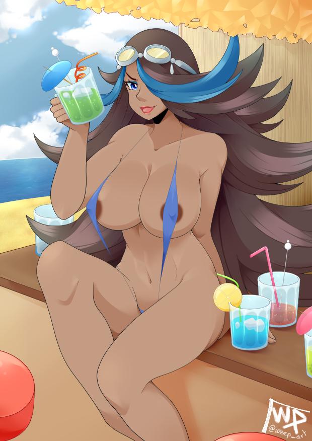 1girls areola areolae_peeking areolae_visible_through_clothing beach belly_button big_hair bikini black_hair blue_eyes blue_hair blue_highlights dark-skinned_female dark_areola dark_nipples dark_skin drinking_glass game_freak goggles goggles_on_head hair_over_one_eye holding long_hair micro_bikini nintendo nipples nipples_visible_through_clothing ocean outdoors pokemon pokemon_oras red_lipstick shelly_(pokemon) shelly_(pokemon_oras) sling_bikini slingshot_swimsuit solo two_tone_hair very_long_hair weepinbelly wyssp'