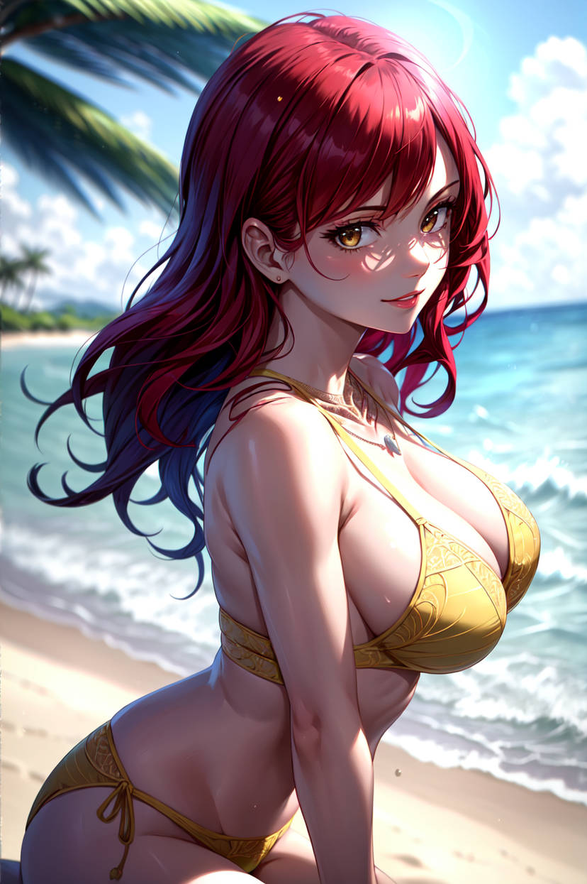 1girls ai_generated ass beach big_breasts bikini bikini_bottom bikini_top brown_eyes busty cleavage ear_piercing earrings erza_scarlet fairy_tail female female_focus female_only gold_bikini gold_bikini_bottom gold_bikini_top gold_swimsuit inner_sideboob jewelry kneeling large_breasts light-skinned_female light_skin lips lipstick long_hair looking_at_viewer makeup nai_diffusion necklace ocean on_knees pale-skinned_female pale_skin pinup pose posing red_hair red_lips red_lipstick sideboob solo solo_female solo_focus stable_diffusion swimsuit thick_thighs thighs toongenai voluptuous voluptuous_female yellow_bikini yellow_bikini_bottom yellow_bikini_top yellow_swimsuit