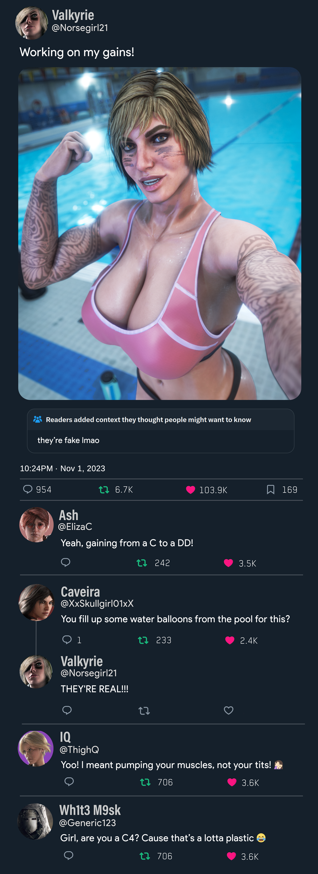 1girls, 3d, arm tattoo, blender, blonde hair, breast implants, breasts, bullying, cleavage, currysfm, english text, fake breasts, female, flexing, large breasts, pool, poolside, rainbow six siege, selfie, solo, solo female, sports bra, tattoo, tattooed arm, twitter, valkyrie (rainbow six)