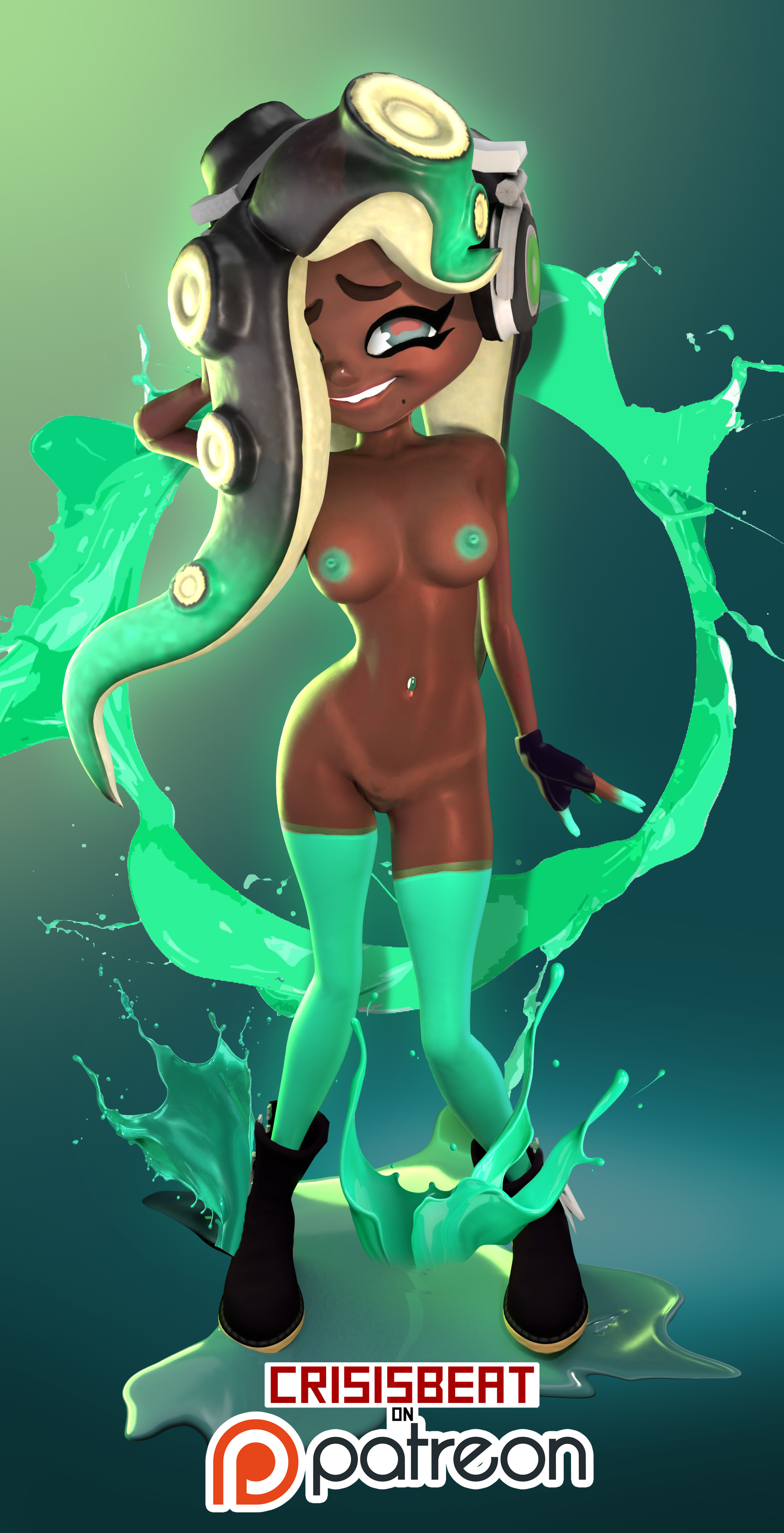 1girls, 3d, 3d (artwork), crisisbeat, dark skin, female, female only, green nipples, marina (splatoon), nintendo, nude, nude female, pussy, solo, solo female, splatoon