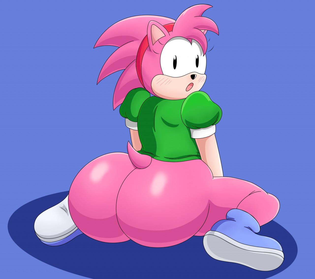 1girls, amy rose, anthro, ass, blush, blush lines, bottomless, bottomless female, classic amy rose, female, female focus, female only, furry, hairband, hedgehog, hedgehog humanoid, hips, large ass, looking back, mechspazer, pink fur, pink hair, sega, shocked, shocked expression, shoes, sitting, sonic (series), sonic cd, sonic the hedgehog (series), thick thighs, thighs, wide hips
