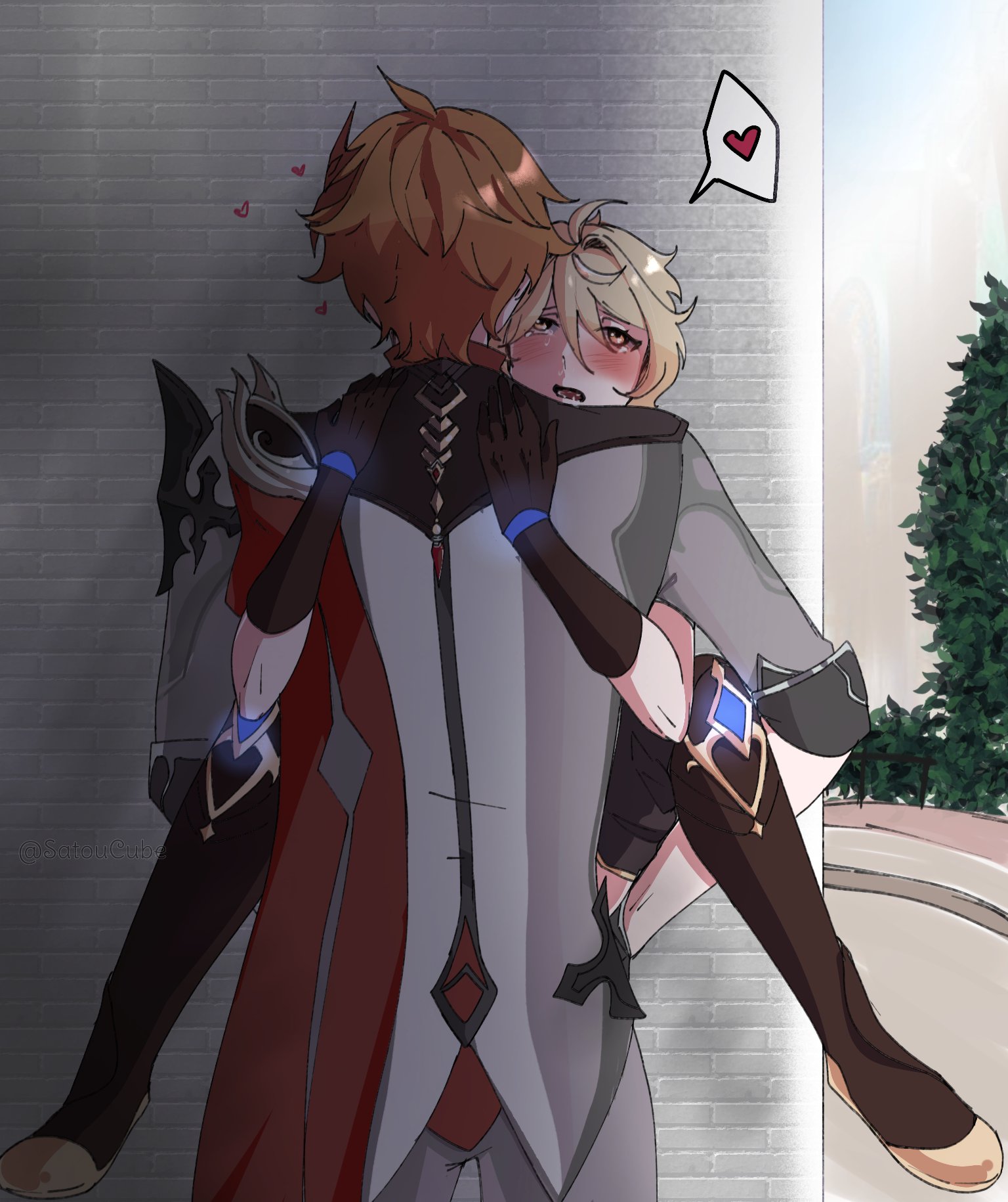 2boys, aether (genshin impact), against wall, childe (genshin impact), gay, genshin impact, heart, male, male only, maledom, public, public sex, sex, spread legs, standing sex, tartaglia (genshin impact), twink, yaoi
