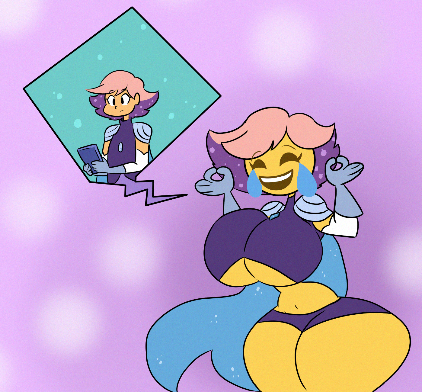 ass expansion, bimbo, bimbofication, boots, breast expansion, breast growth, breast growth (enlargement), breasts, cleavage, da-fuze, emoji, emoji (race), emojification, expansion, female, female focus, female only, glimmer (she-ra), hourglass figure, huge breasts, huge thighs, jacket, large breasts, light skin, light-skinned female, long hair, looking at viewer, mind control, one eye closed, open mouth, phone, ponytail, she-ra and the princesses of power, shirt, solo, solo female, thick thighs, thin waist, tongue, transformation, wasp waist, white shirt, yellow skin, yellow-skinned female