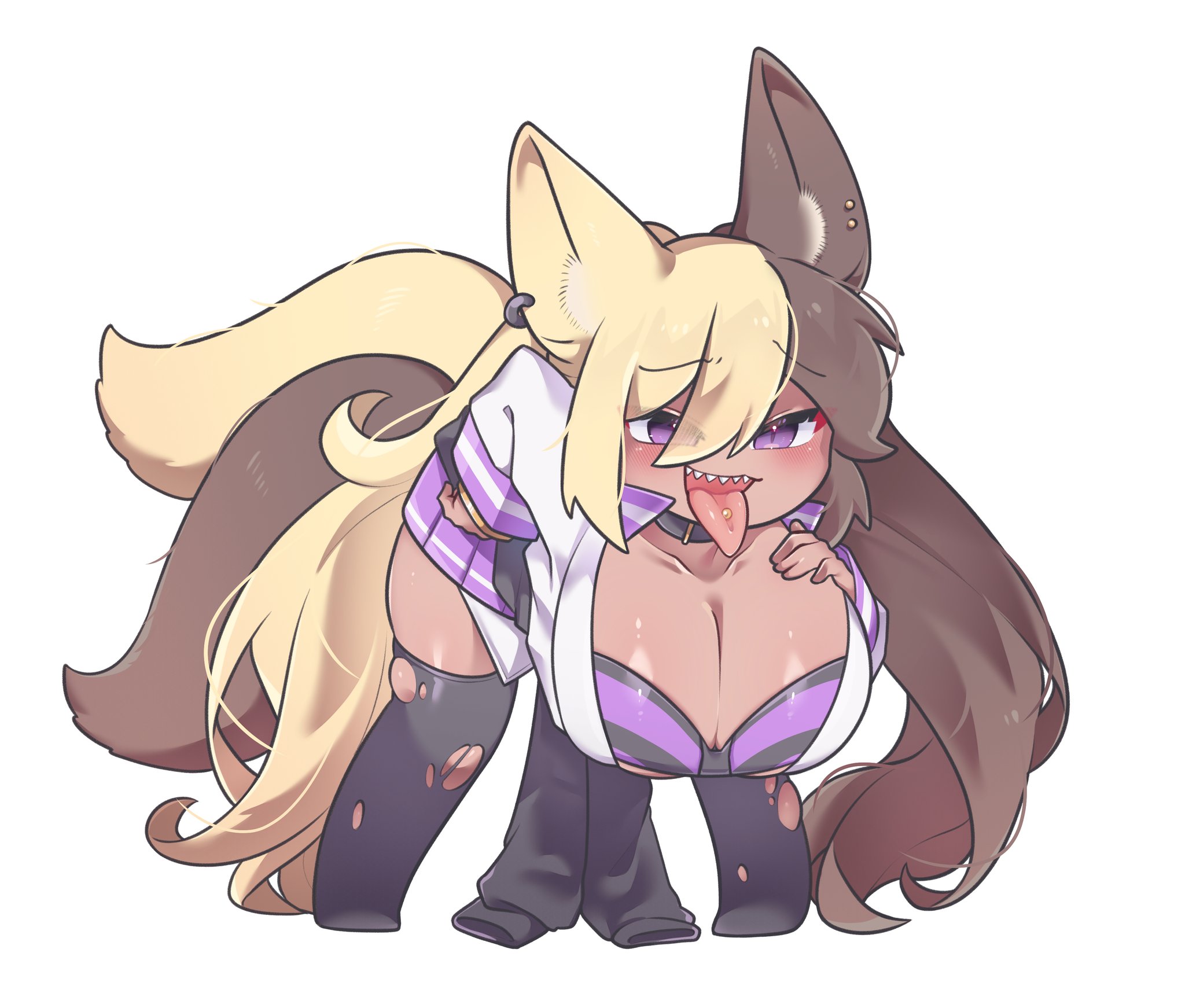 1girls, aife (zanamaoria), artist request, bent over, big breasts, black thighhighs, blonde hair, breasts, brown hair, cleavage, ear piercing, earrings, female, female only, fox ears, fox girl, full body, gift art, gyaru, hi res, long hair, looking at viewer, naughty face, open mouth, purple eyes, school uniform, sharp teeth, smiling, smiling at viewer, solo, tail, tan skin, tanline, thighhighs, tongue, tongue out, tongue piercing, twintails, two-tone hair, white background