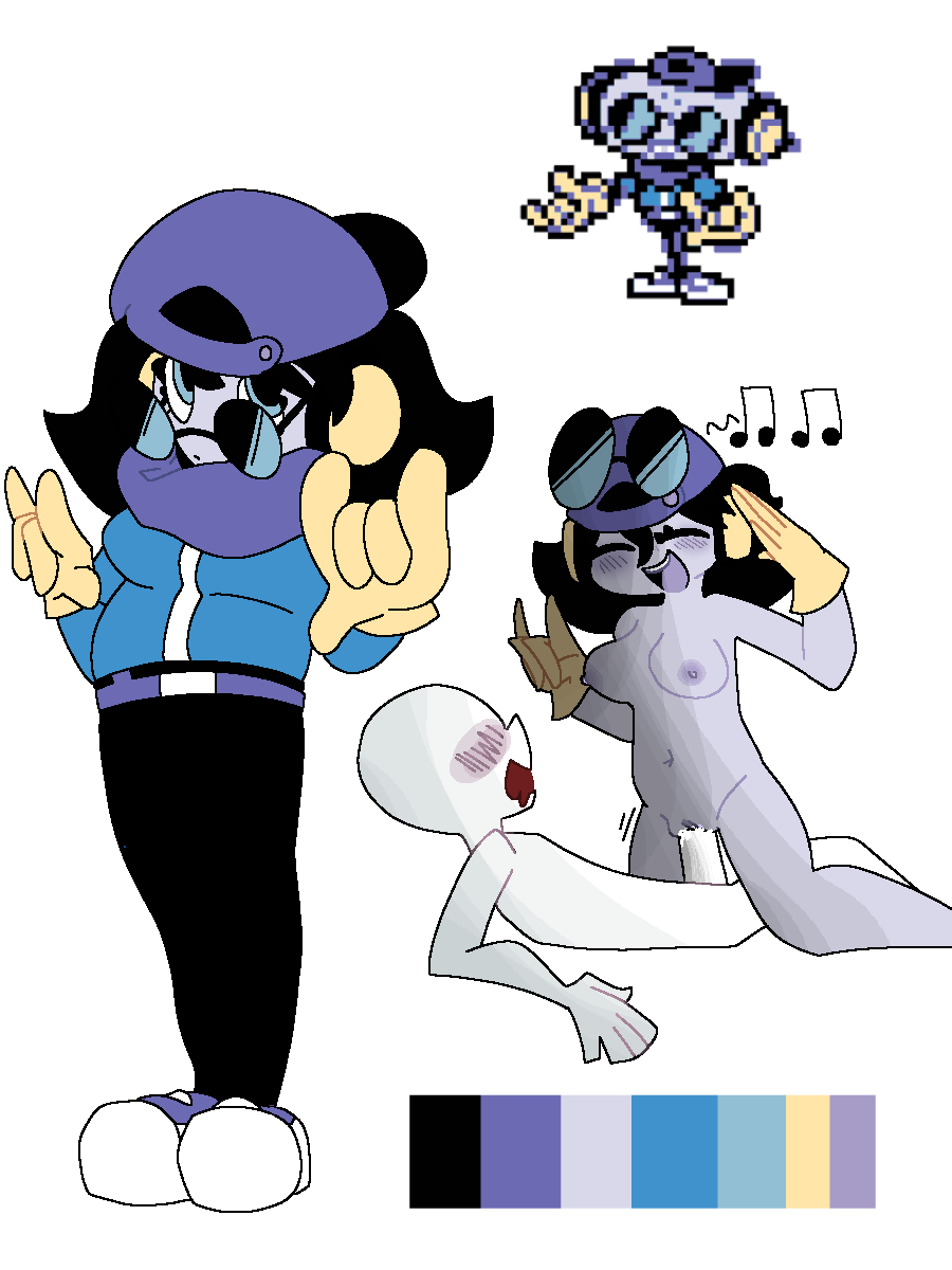 backwards_baseball_cap belt black_hair blue_eyes breasts cap'n_(deltarune) deltarune deltarune_chapter_2 genderswap_(mtf) glasses gloves humanization musical_note riding rule_63 scarf traumatastic vaginal_penetration