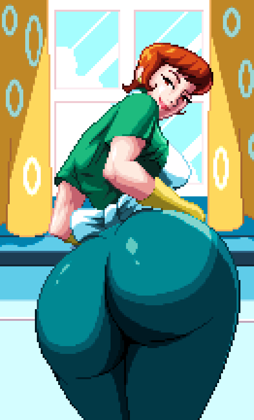 1girls alternate_version_available apron ass ass_focus big_ass bottomwear bubble_ass bubble_butt dat_ass dexter's_laboratory dexter's_mom ear_piercing earrings female female_only gloves green_pants green_shirt hair huge_ass large_ass lips looking_back mature mature_female mature_woman milf mother neophite-byte orange_hair pants pixel_art shirt short_hair solo solo_female topwear white_apron yellow_gloves