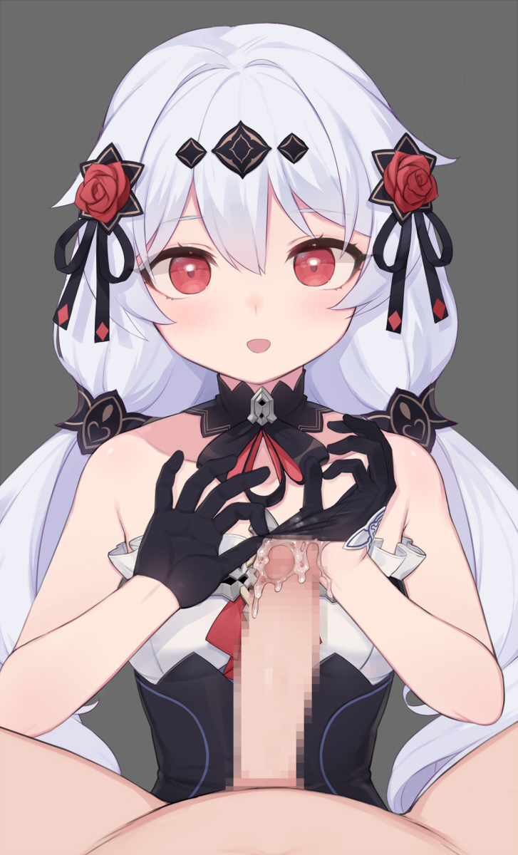 1boy 1girls bare_shoulders black_dress black_gloves blush breasts censored collarbone commentary_request commission cum cum_in_glove cum_on_hands cum_on_penis cum_on_self dress female flower glansjob glovejob gloves grey_background hair_between_eyes hair_flower hair_ornament highres honkai_(series) honkai_impact_3rd light-skinned_female light-skinned_male light_skin long_hair luna_(honkai_impact) male_pov mosaic_censoring open_mouth penis_in_glove pixiv_commission pov pov_crotch red_eyes simple_background small_breasts straight straight-on strapless strapless_dress tama_(tamatamo) theresa_apocalypse theresa_apocalypse_(luna_kindred) twintails white_hair young