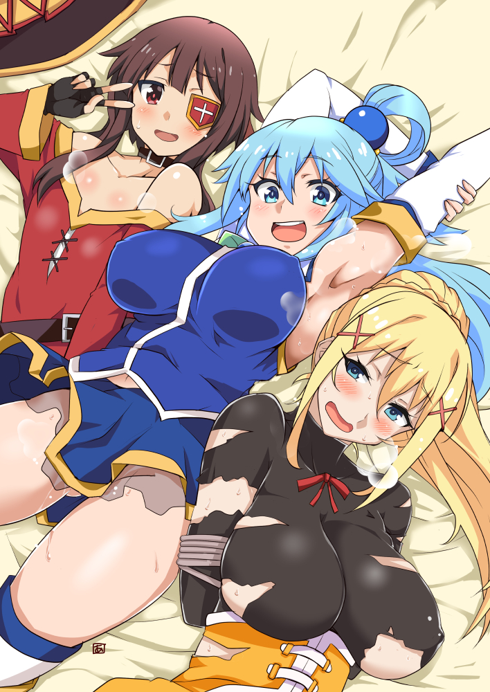 3girls :d aoi_manabu aqua_(konosuba) armpits arms_behind_back arms_behind_head bare_shoulders black_gloves blonde_hair blue_eyes blue_hair blush bondage bound bound_arms brown_hair covered_erect_nipples darkness_(konosuba) eyepatch female female_only fingerless_gloves girl_sandwich gloves groin hat kono_subarashii_sekai_ni_shukufuku_wo! long_hair looking_at_viewer lying megumin multiple_girls on_back open_mouth ponytail red_eyes sandwiched short_hair smile sweat teeth thighs torn_clothes unworn_hat unworn_headwear v vaginal_penetration