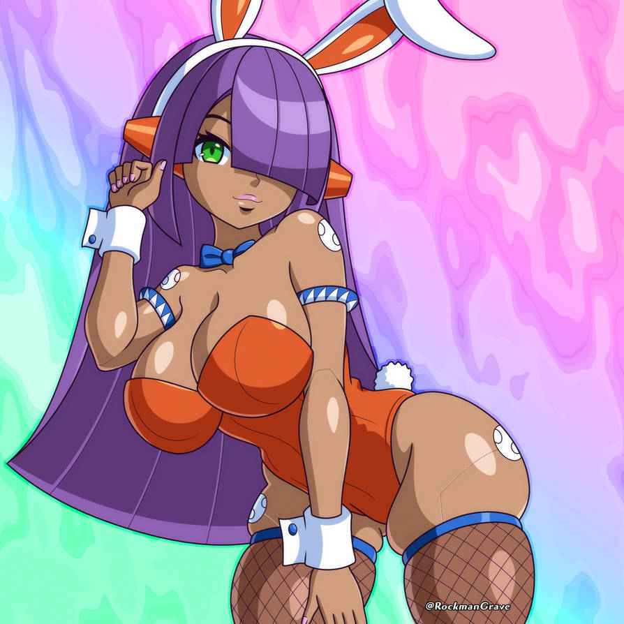 bad_id boobs_and_butt_pose bunny_ears bunny_girl bunnysuit cleavage colorful_background detailed_background green_eyes headband headwear layer mega_man mega_man_x purple_hair robot robot_girl rockmangrave seductive thick_thighs thigh_gap thighhighs