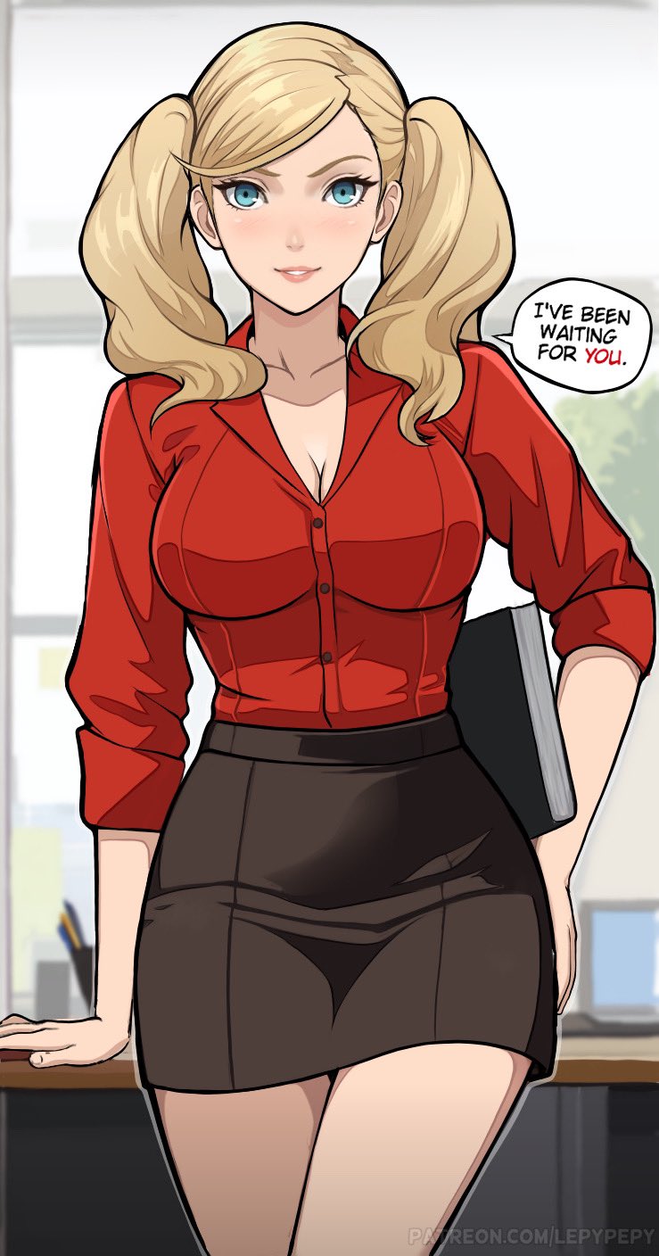 1girls, ann takamaki, atlus, blonde hair, breasts, dialogue, english text, female, large breasts, lepypepy, light skin, light-skinned female, long hair, office lady, persona, persona 5, thick thighs, twintails
