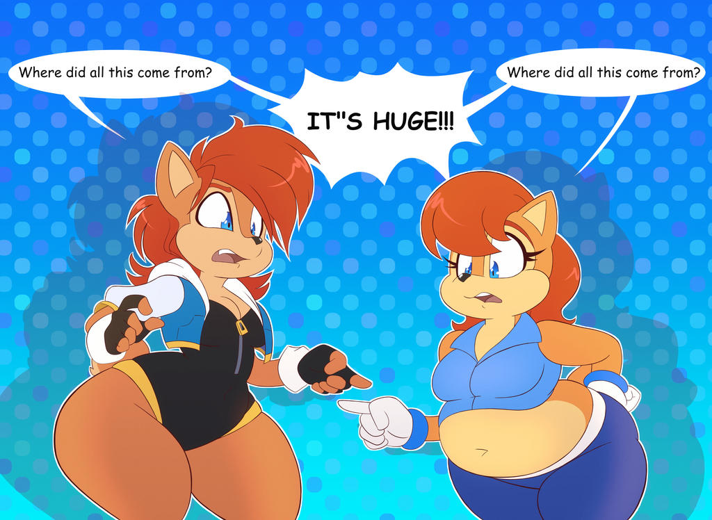 2girls black_leotard blue_eyes blue_eyes_female blue_jacket blue_pants blue_top blue_vest chipmunk chubby counterpart dialogue dialogue_bubble fat_ass fat_belly female female_only fingerless_gloves goblinhordestudios mobian_(species) mobian_chipmunk red_hair sally_acorn sega sonic_(series) sonic_satam sonic_the_hedgehog_(archie) sonic_the_hedgehog_(comics) sonic_the_hedgehog_(series) talking thick_thighs white_gloves