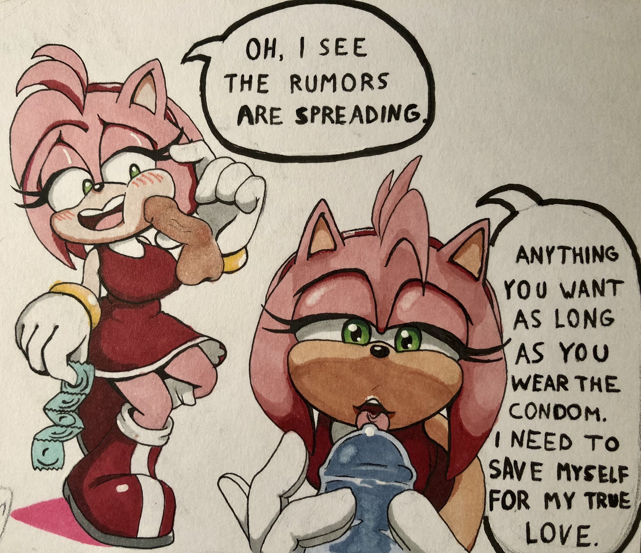 34shly, amy rose, boots, bracelet, condom, condom wrapper, dialogue, dress, female, furry, gloves, male, no panties, panties, penis, penis against face, sega, sonic (series), speech bubble