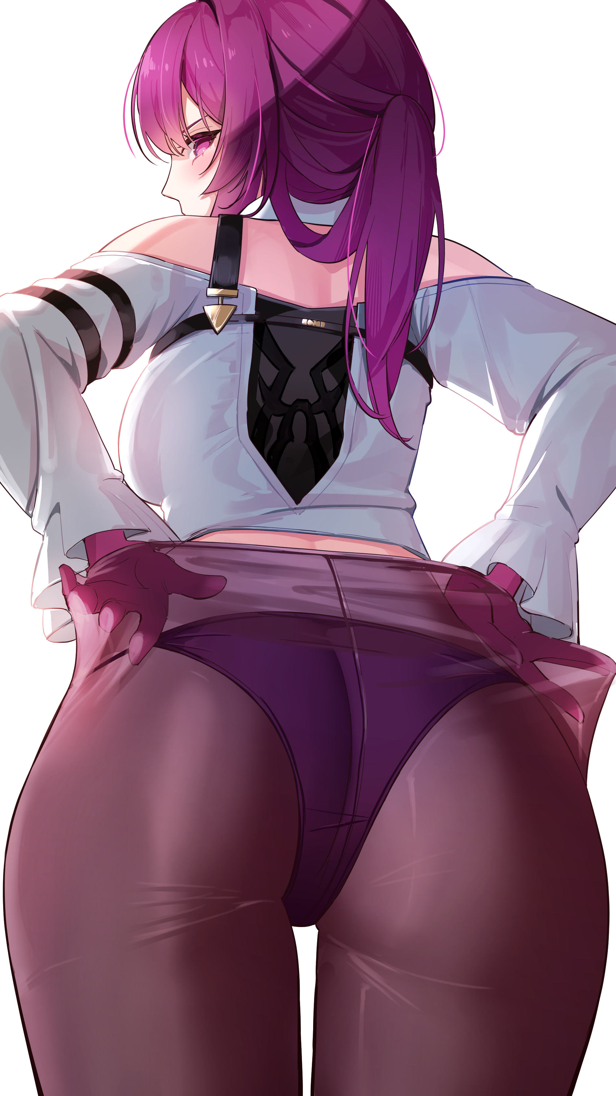 1girls, absurdres, ass, ass focus, female, female only, gloves, highres, honkai (series), honkai: star rail, kafka (honkai: star rail), light skin, light-skinned female, long hair, long sleeves, marumai, panties, pantyhose, purple eyes, purple gloves, purple hair, purple pantyhose, shirt, solo, underwear, white background, white shirt