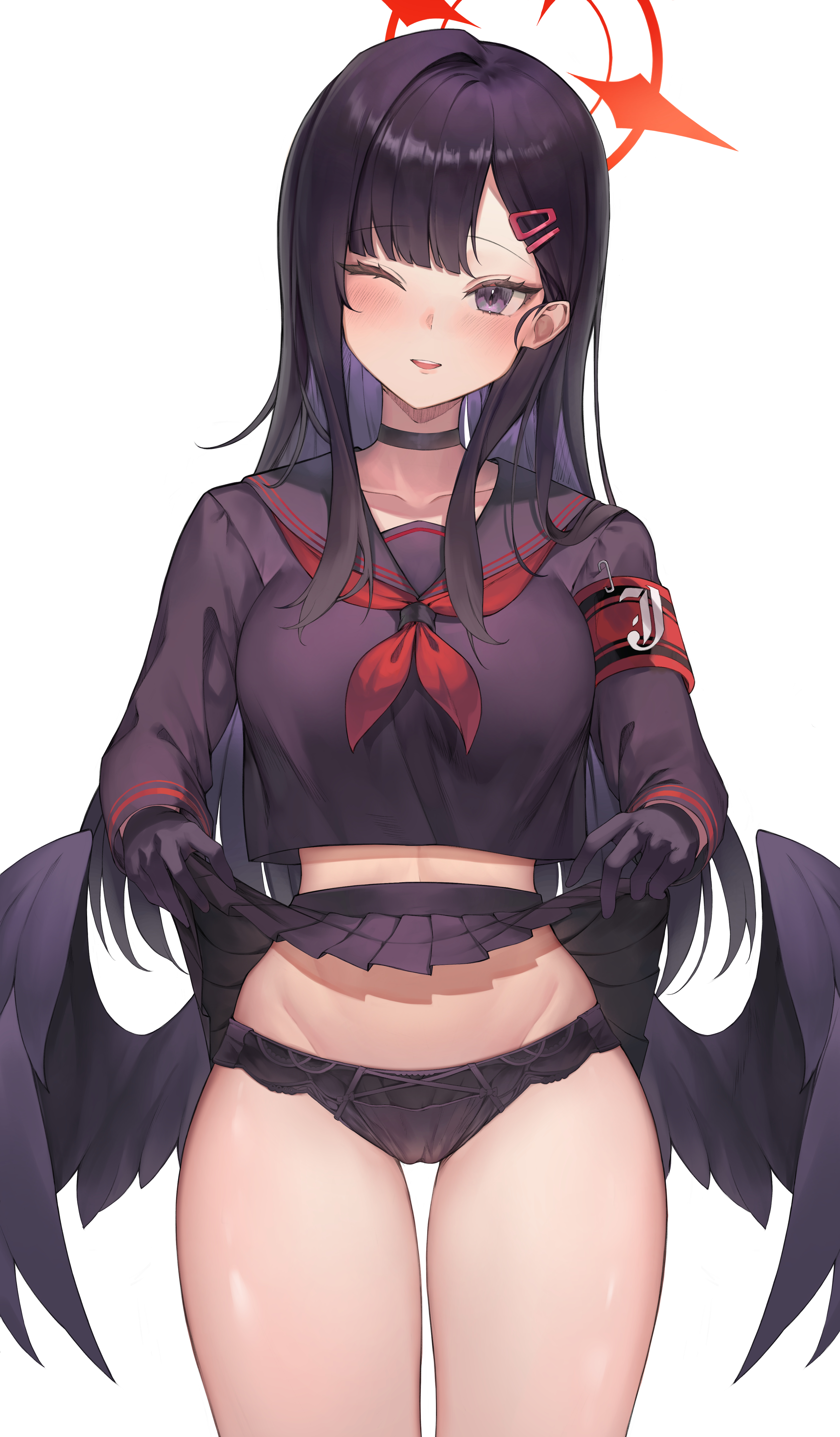 absurdres, armband, black choker, black eyes, black gloves, black hair, black panties, black sailor collar, black serafuku, black skirt, black wings, blue archive, blush, choker, clothes lift, cowboy shot, feathered wings, female, gloves, hair ornament, hairclip, halo, highres, ichika (blue archive), justice task force (blue archive), lifted by self, long sleeves, low wings, neckerchief, one eye closed, open mouth, panties, pengrani, pleated skirt, red armband, red halo, red neckerchief, safety pin, sailor collar, school uniform, serafuku, simple background, skirt, skirt lift, smile, solo, trinity general school student, underwear, white background, wings