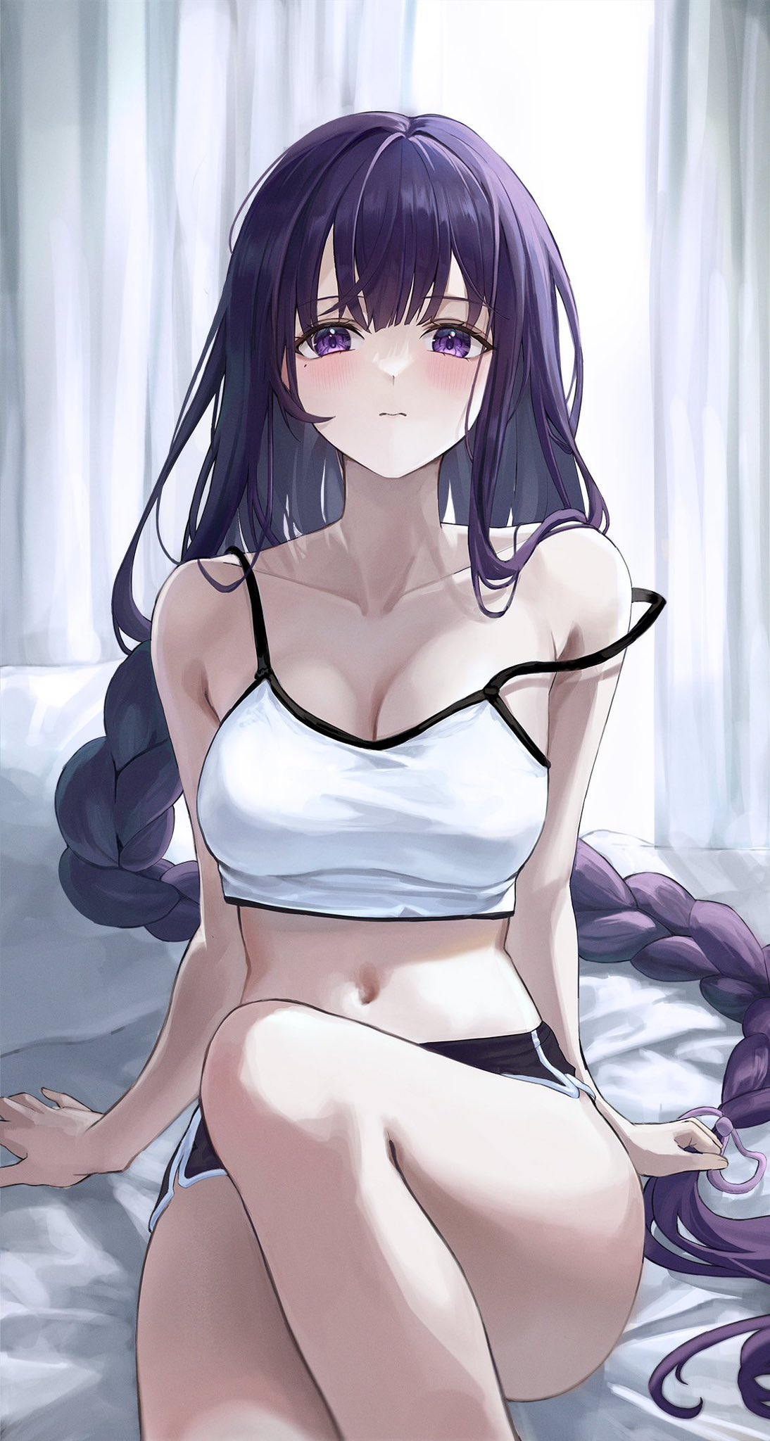 alternate costume, artist request, blush, braid, breasts, chie (user snfh8333), cleavage, clothed, clothing, female, genshin impact, large breasts, midriff, purple eyes, purple hair, raiden shogun, shorts, strap slip, tank top, thick thighs, thighs