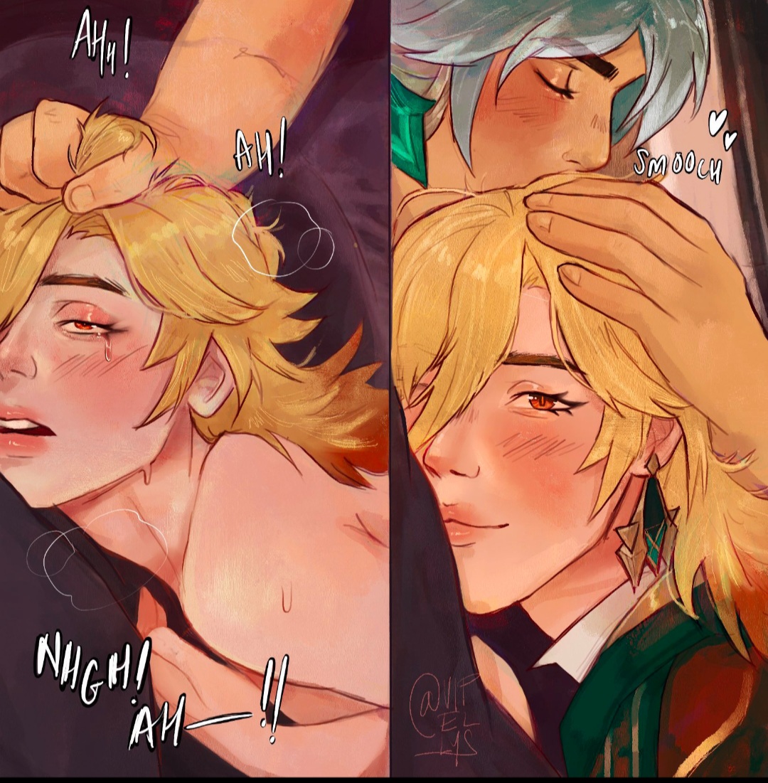 2boys, alhaitham (genshin impact), blonde hair, blonde-haired male, blush, blushing, crying, crying with eyes open, earrings, from behind, gay, genshin impact, grabbing, grabbing from behind, grabbing hair, grey hair, hand in hair, kaveh (genshin impact), kissing head, long hair, looking at viewer, looking pleasured, male, male only, no visible genitalia, offscreen character, open mouth, pleasure face, pulling hair, red eyes, sweat, tears, vipellys, yaoi