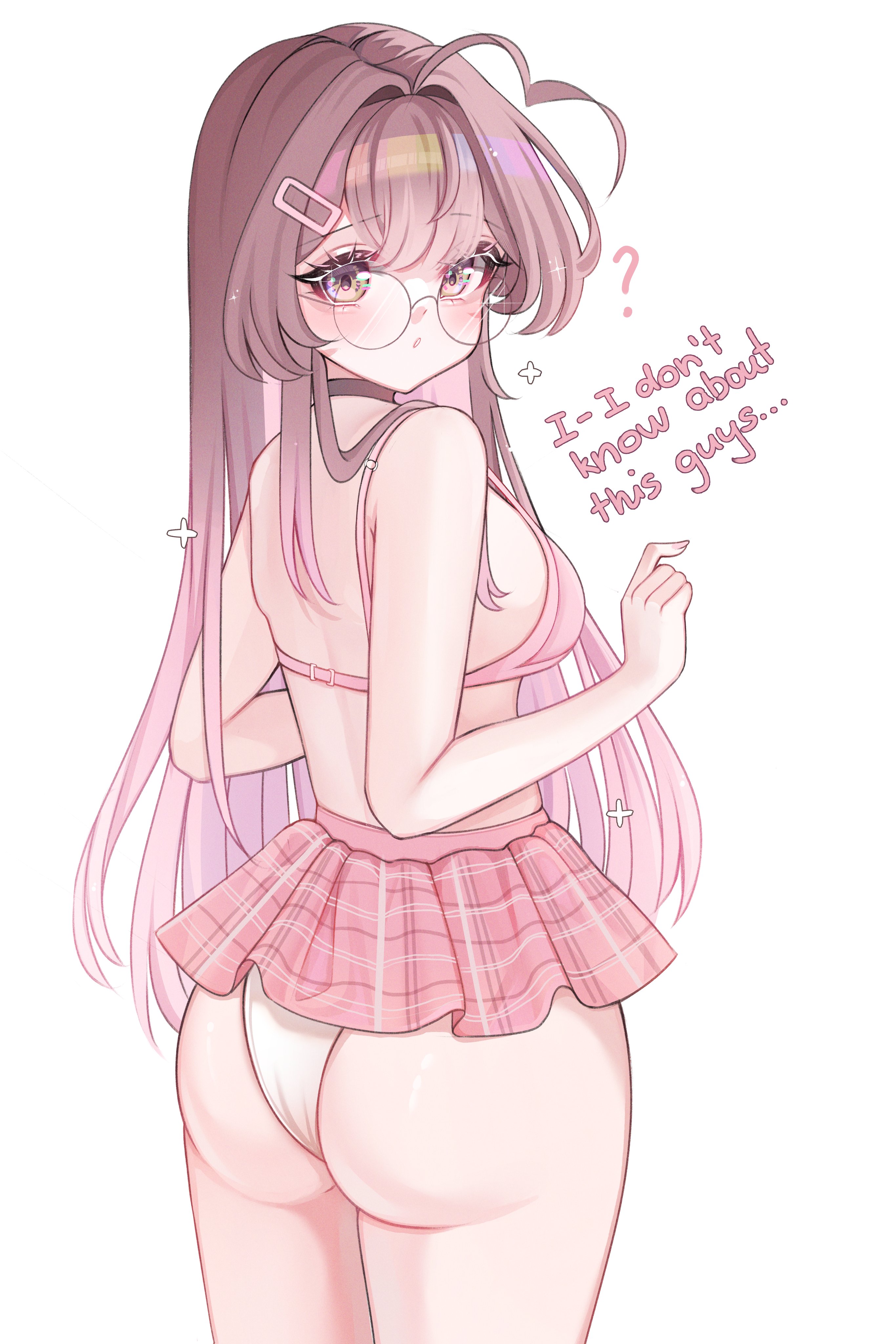 ahoge, ass, ass hanging out, ass hanging out of skirt, breasts, brown hair, chaisia, cowboy shot, cute, dialogue, embarrassed, english text, female, glasses, gradient eyes, large ass, looking back, medium breasts, miniskirt, panties, pink bra, plaid skirt, text, thick thighs, very long hair, wide hips