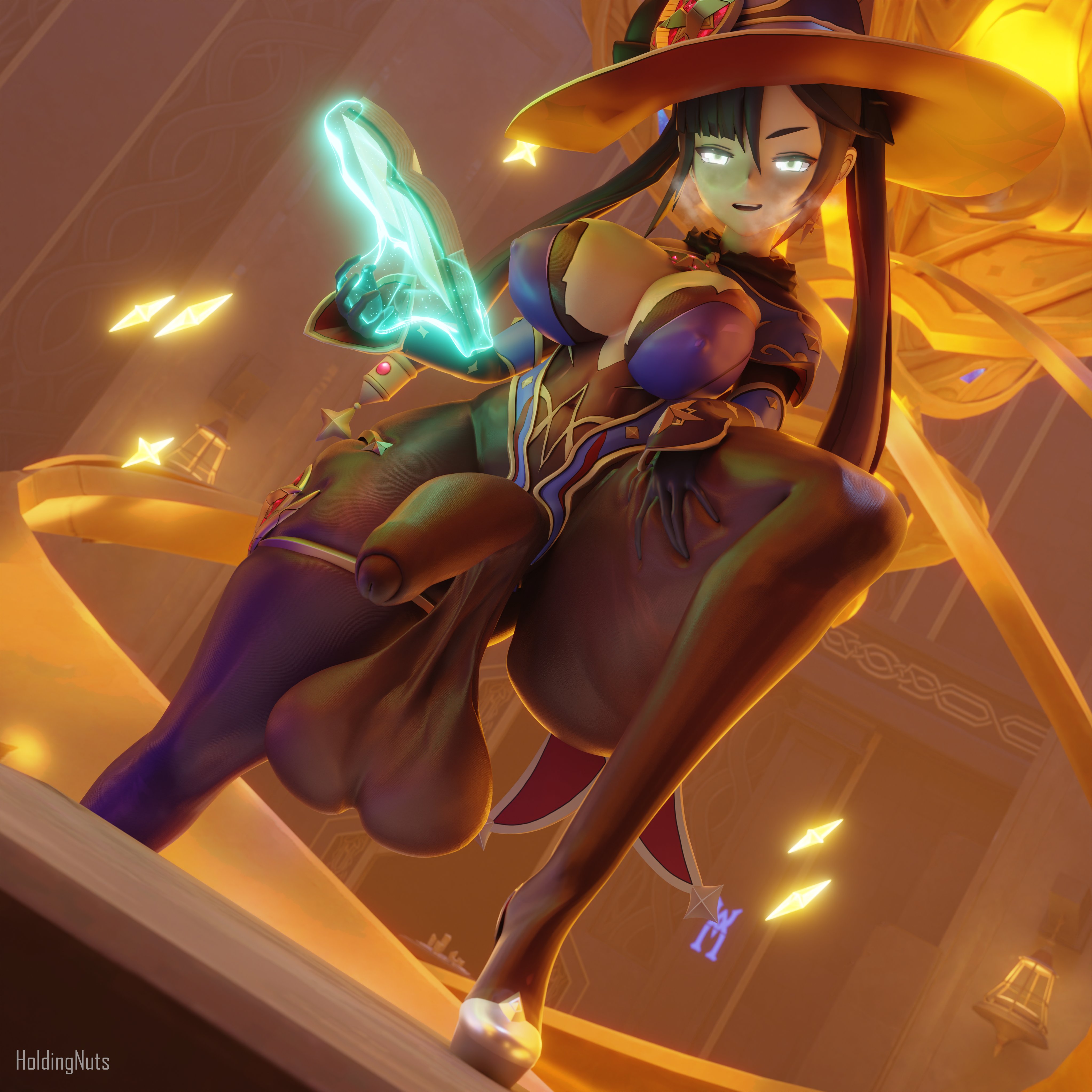 1futa, 3d, balls, big penis, black hair, breasts, clothed, clothing, futa only, futanari, genshin impact, hat, hi res, hips, holdingnuts, huge balls, human, intersex, large breasts, large hat, large penis, light skin, light-skinned futa, long hair, low-angle view, mona (genshin impact), mostly clothed, penis, sagging balls, solo, thick thighs, thighs, tights, twintails, uncensored, wide hips, witch hat