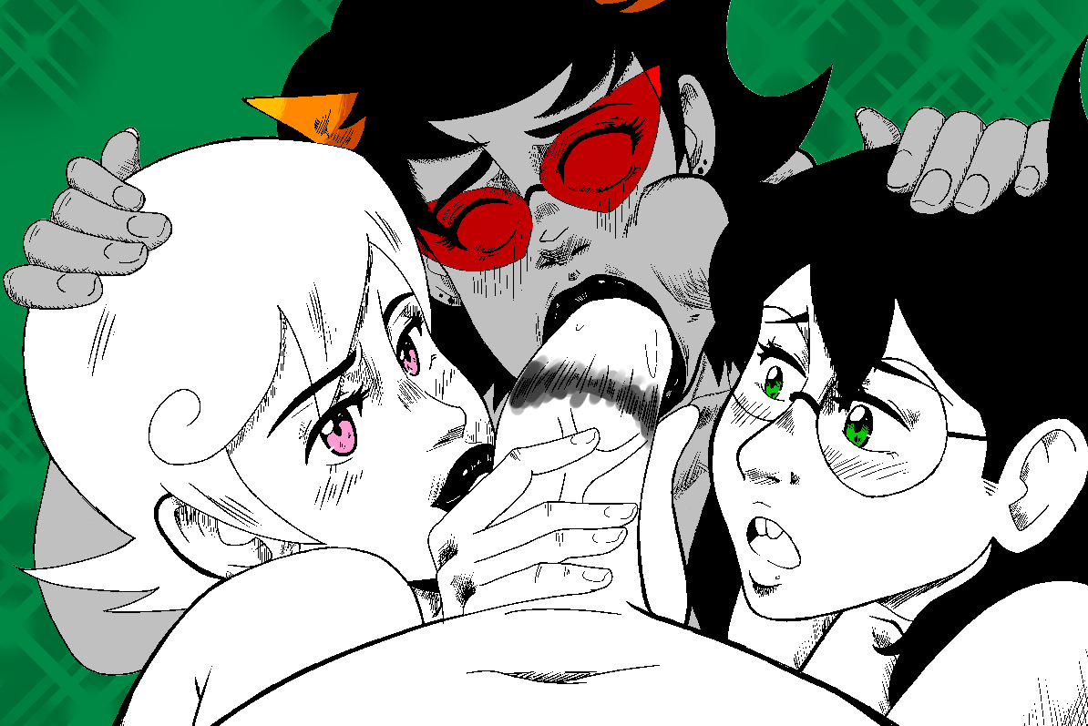 1boy, 2018, 3girls, black hair, black lipstick, blush, buckteeth, cock worship, collaborative fellatio, commission, cooperative fellatio, fantasyplay, fellatio, female, foursome, glasses, green eyes, grey background, grey skin, hand on head, homestuck, horns, jade harley, lipstick mark, lipstick on penis, long hair, looking at viewer, male, ms paint adventures, multiple females, multiple girls, naked, open mouth, oral, penis, pink eyes, pov, roxy lalonde, short hair, straight, terezi pyrope, triple fellatio, troll, veiny penis, white hair, white skin