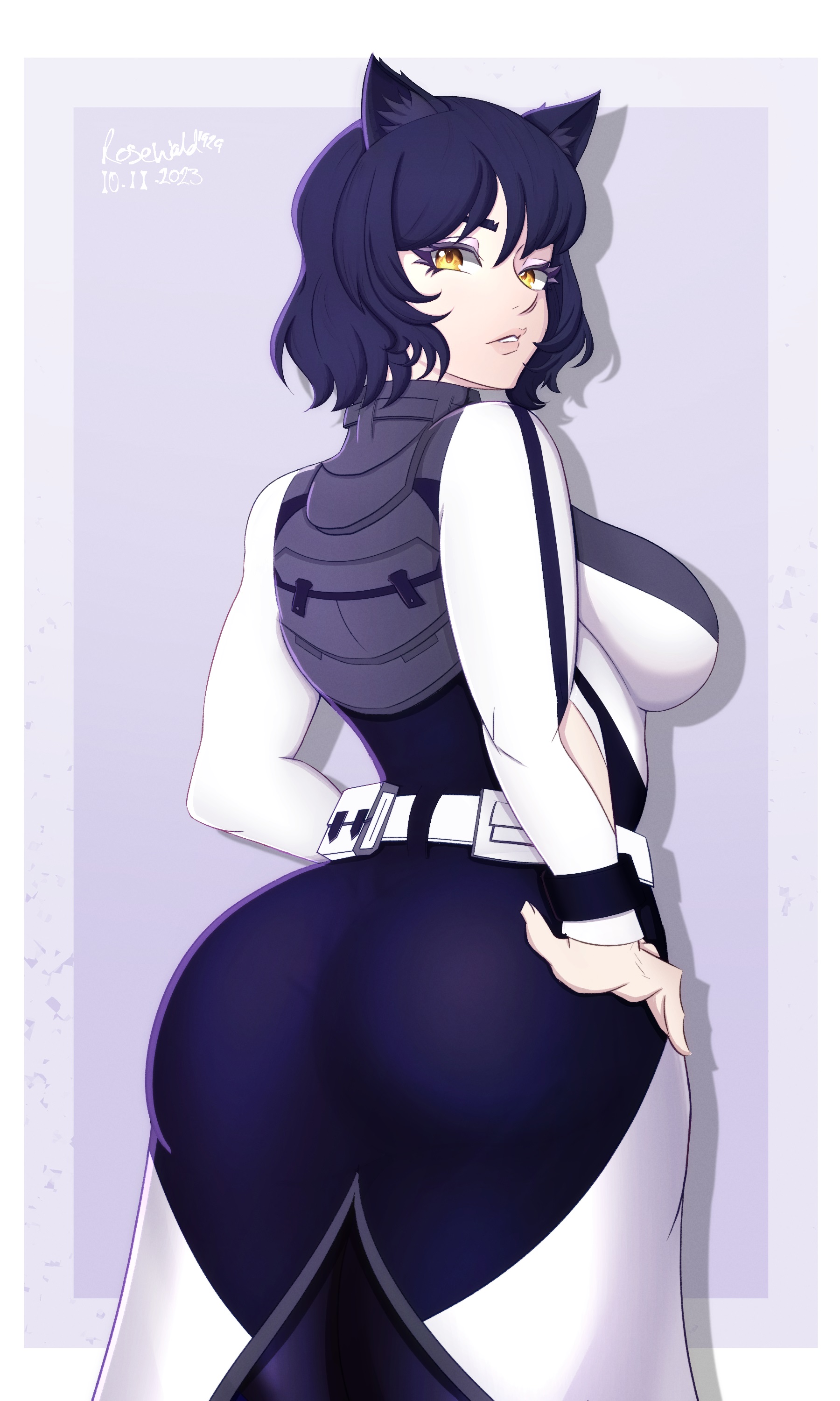 1girls, 2023, 2d, alternate version available, amber eyes, artist name, artist signature, ass, ass focus, back, back view, big ass, black hair, blake belladonna, cat ears, cat girl, catgirl, clothed, clothed female, dated, faunus, female, female only, fully clothed, indigo clothes, indigo dress, light skin, light-skinned female, looking at viewer, looking back, looking over shoulder, near-human, nipples, non-human, non-human only, rosewald1929, rwby, short hair, solo, solo female, teenager, white border, yellow eyes