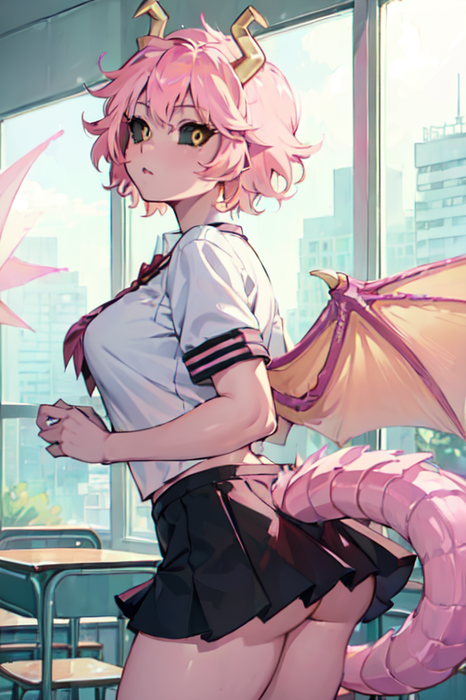 ai_generated aiposter classroom dragon_girl dragon_horns dragon_tail mina_ashido miniskirt my_hero_academia pink_hair school_uniform yellow_eyes