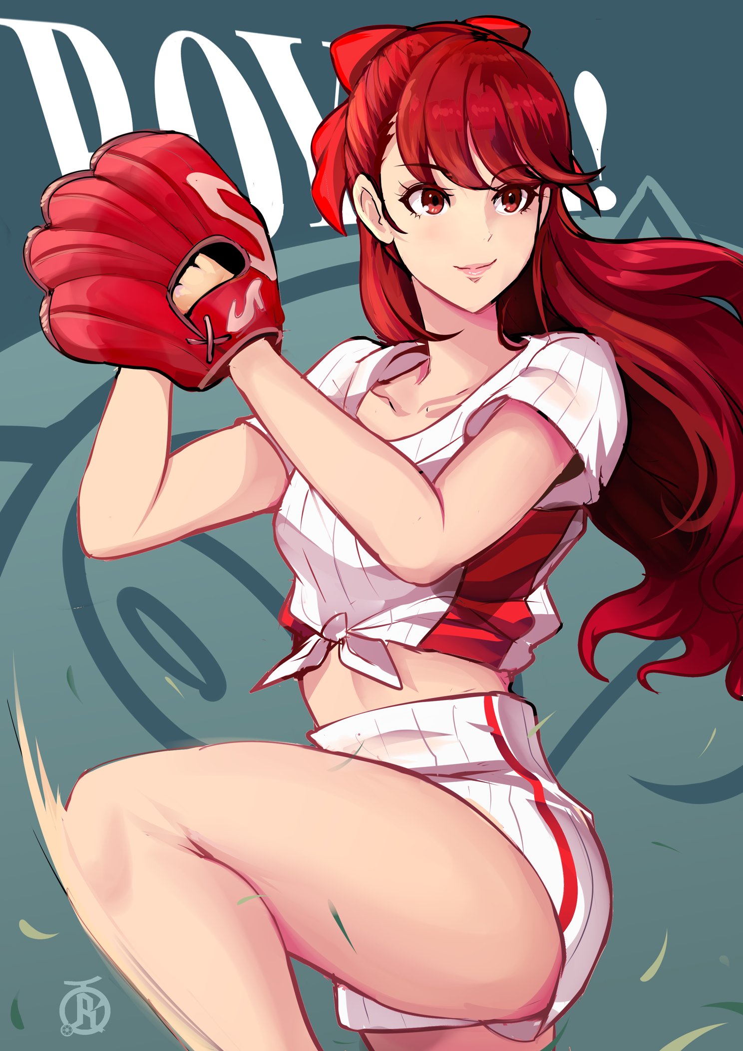 1girls, atlus, baseball uniform, breasts, female, highres, kasumi yoshizawa, light skin, light-skinned female, long hair, persona, persona 5, persona 5 royal, red eyes, red hair, revolverwingstudios, smile, sports uniform, sportswear, sumire yoshizawa, thighs