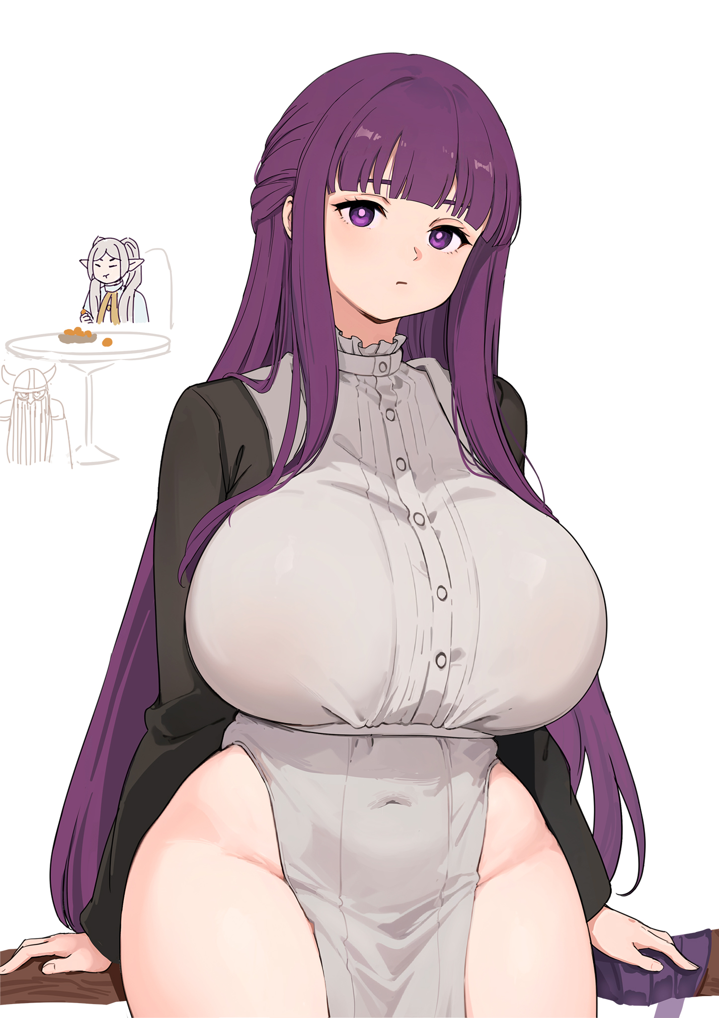 2girls, arm support, artist request, breasts, crotch, eating, elf, elf ears, elf female, expressionless, female, fern (sousou no frieren), frieren, hourglass figure, huge breasts, huge hips, human, human female, light-skinned female, looking at viewer, multiple females, multiple girls, navel, navel visible through clothes, no panties, pointy ears, slim waist, solo focus, sousou no frieren, thick thighs, wide hips
